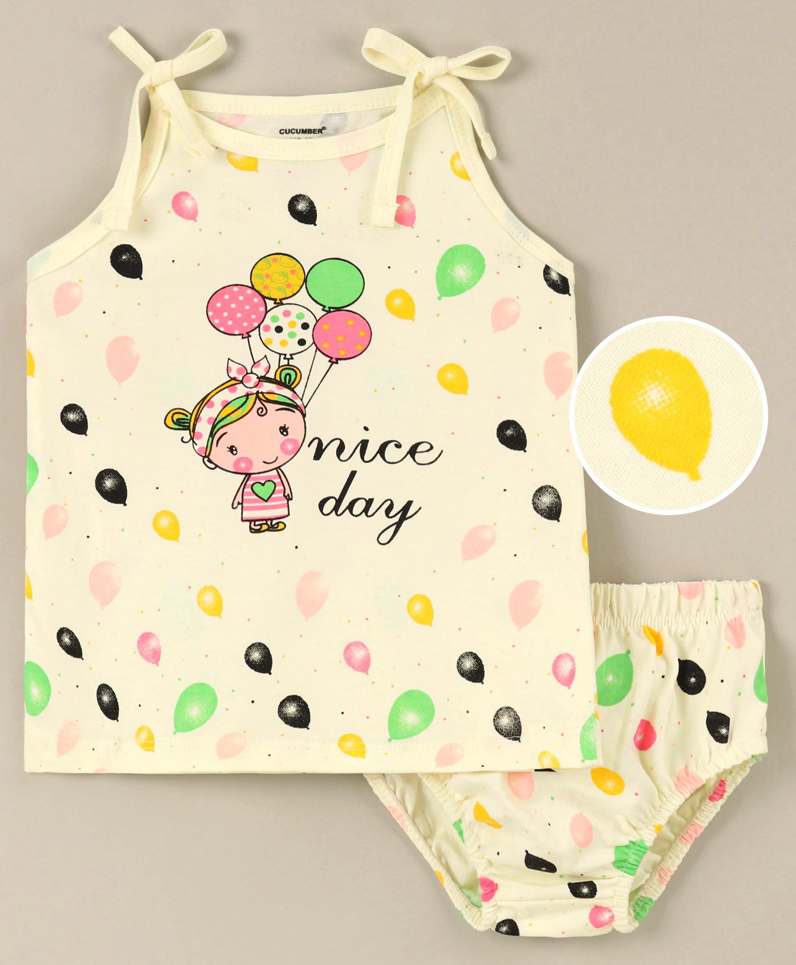 Cucumber Sinker Sleeveless Slip & Bloomer Set Nice Day Text Print - Off White-image-14