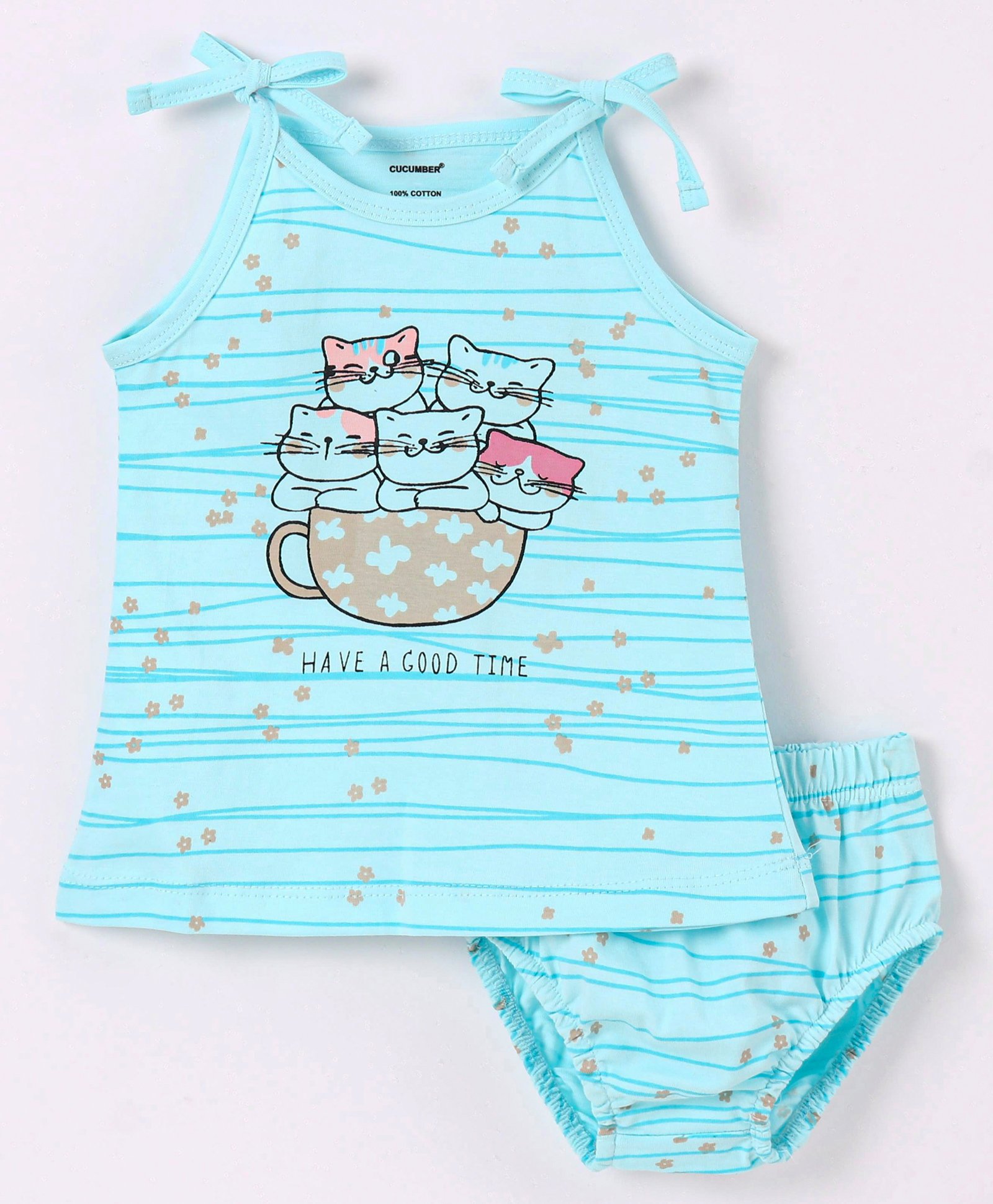 Cucumber Sinker Singlet Sleeves Inner Wear Set Kitty Print - Blue-image-12