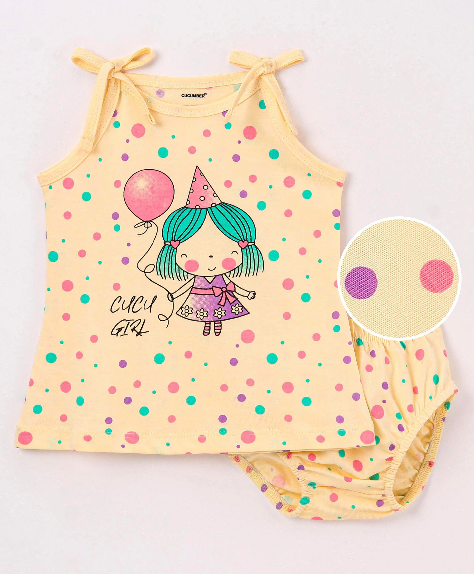 Cucumber Sinker Sleeveless Slip & Bloomer Set Text & Polka Dots Print - Peach-image-13