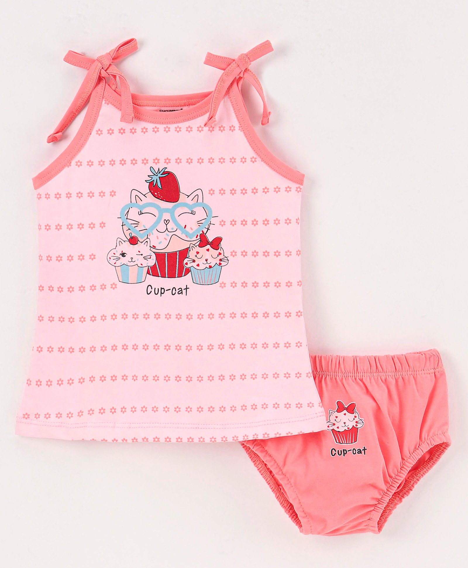 Cucumber Cotton Sinker Sleeveless Inner Wear Set Kitty Print - Gold-picture-23