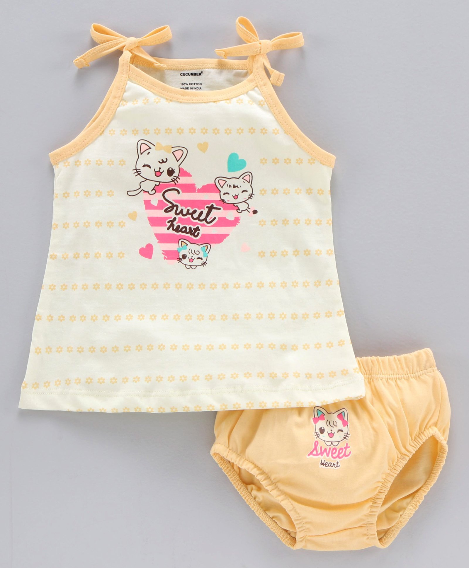 Cucumber Cotton Sinker Sleeveless Inner Wear Set Kitty Print - Peach-picture-37