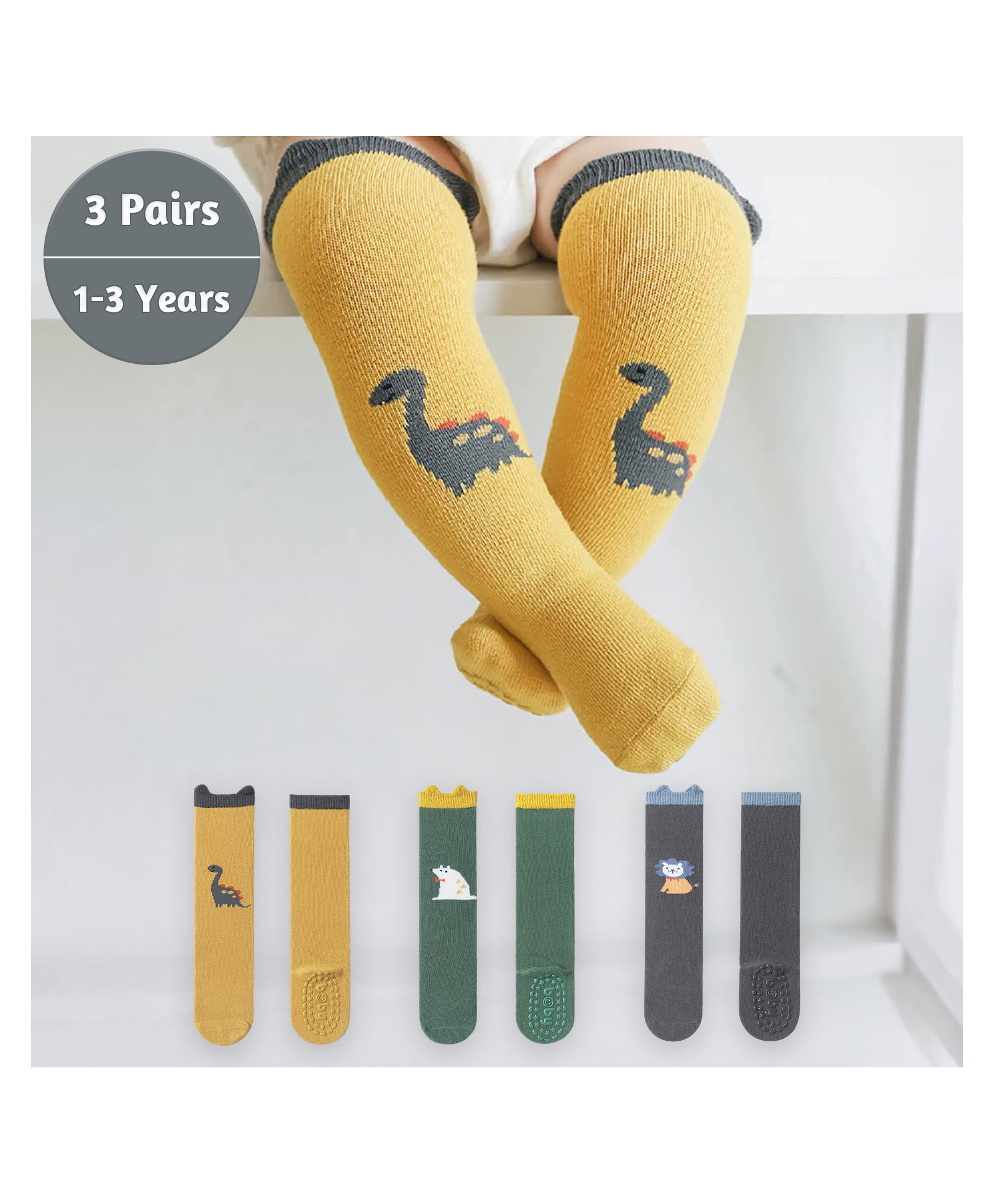 SYGA Infant Knee Socks Warm Cotton Stretch Socks Pack Of 3 - Yellow Green Purple-image-1