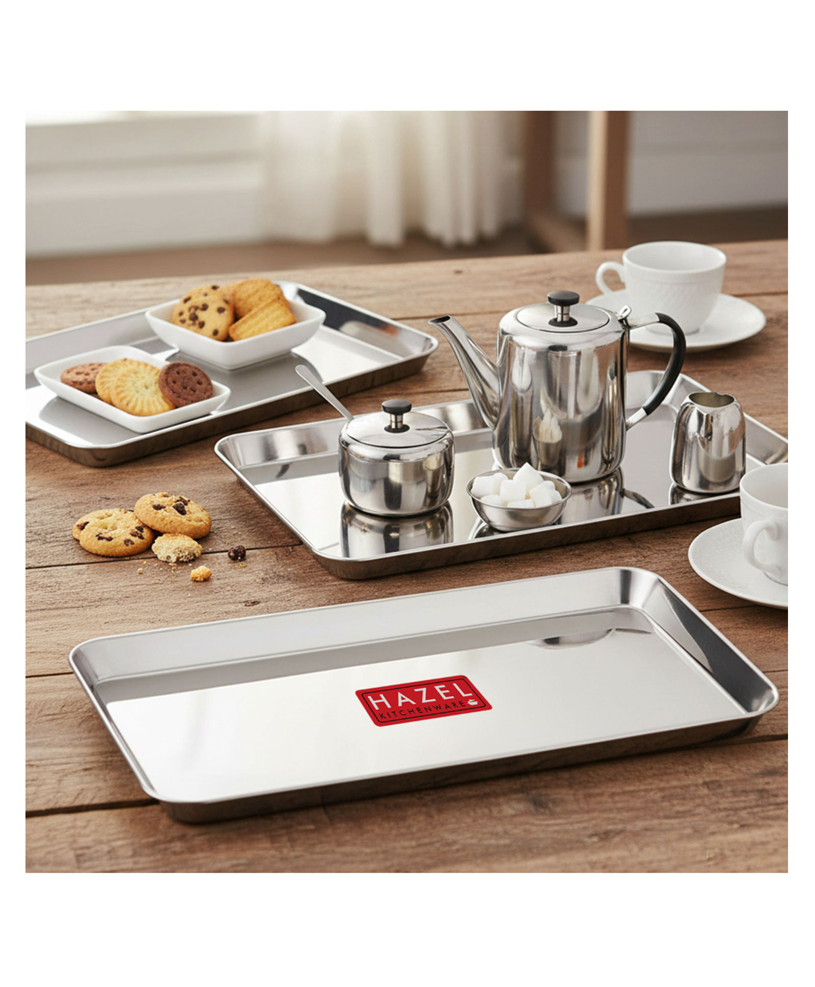 HAZEL Stainless Steel Serving Trays Rectangle Premium Dining Table Plater Silver - Pack of 3-picture-17