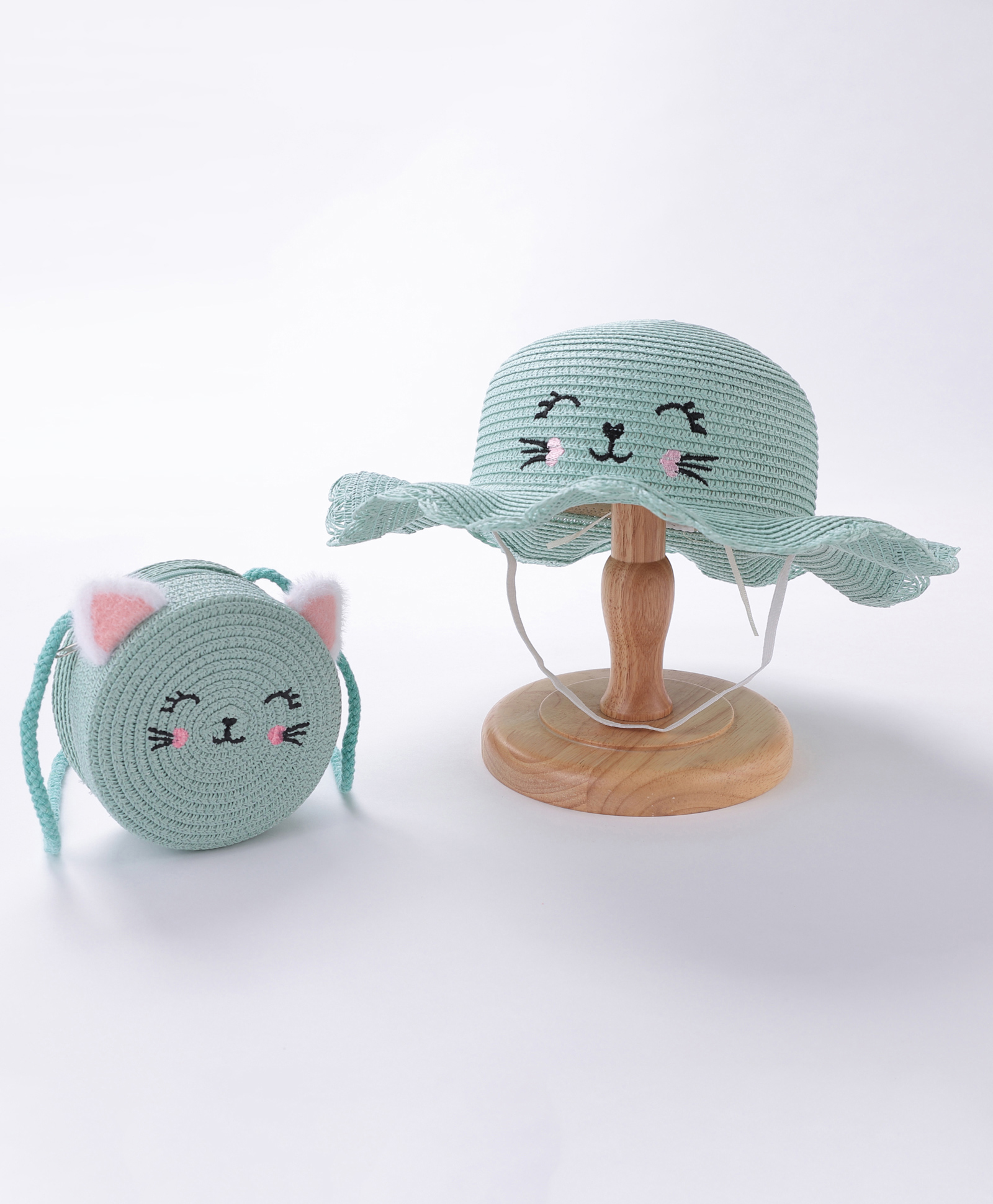 Babyhug Straw Hat With Bow & Purse - Blue & Pink-image-11