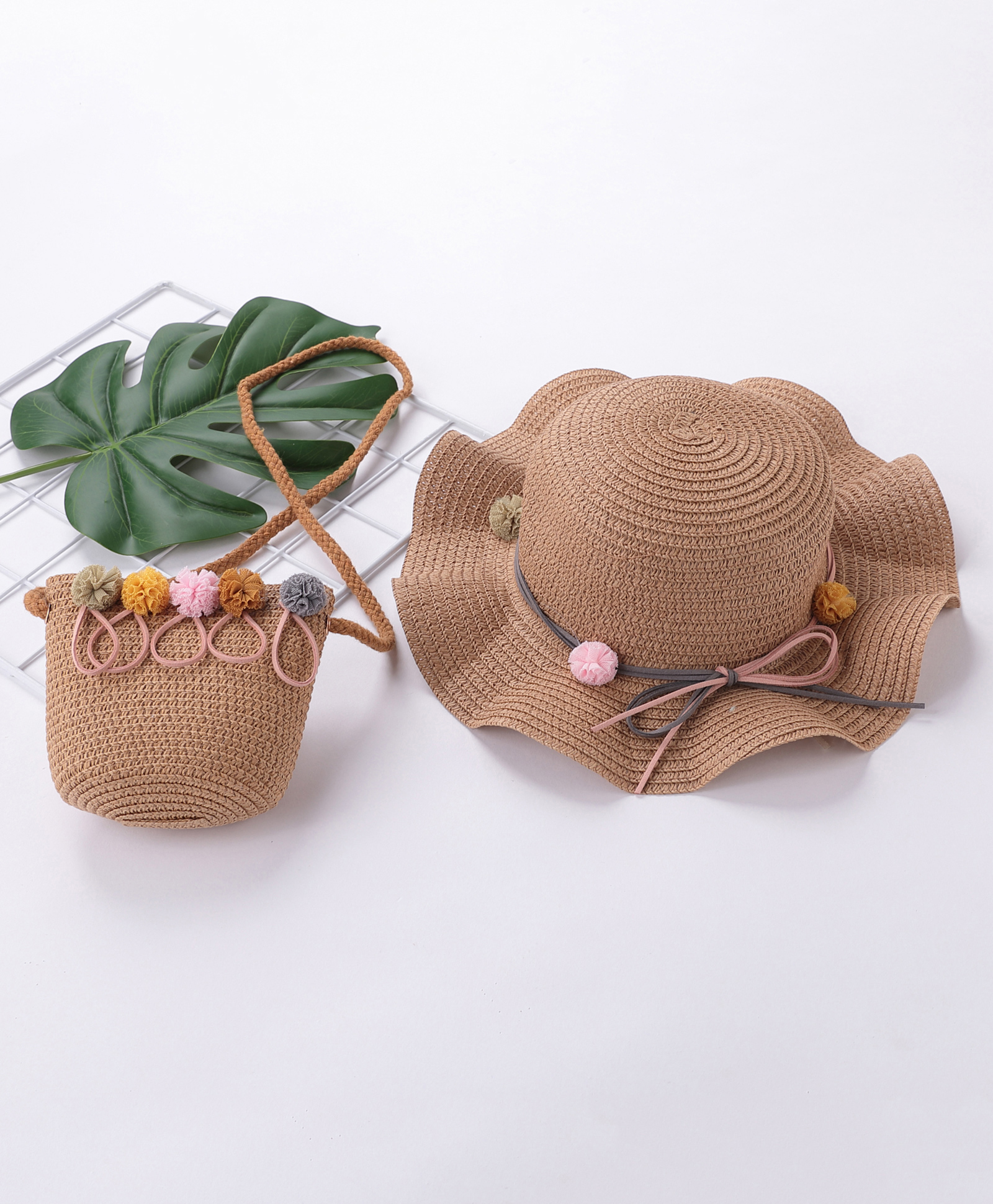 Babyhug Straw Hat With With Pom Pom Applique & Purse - Brown