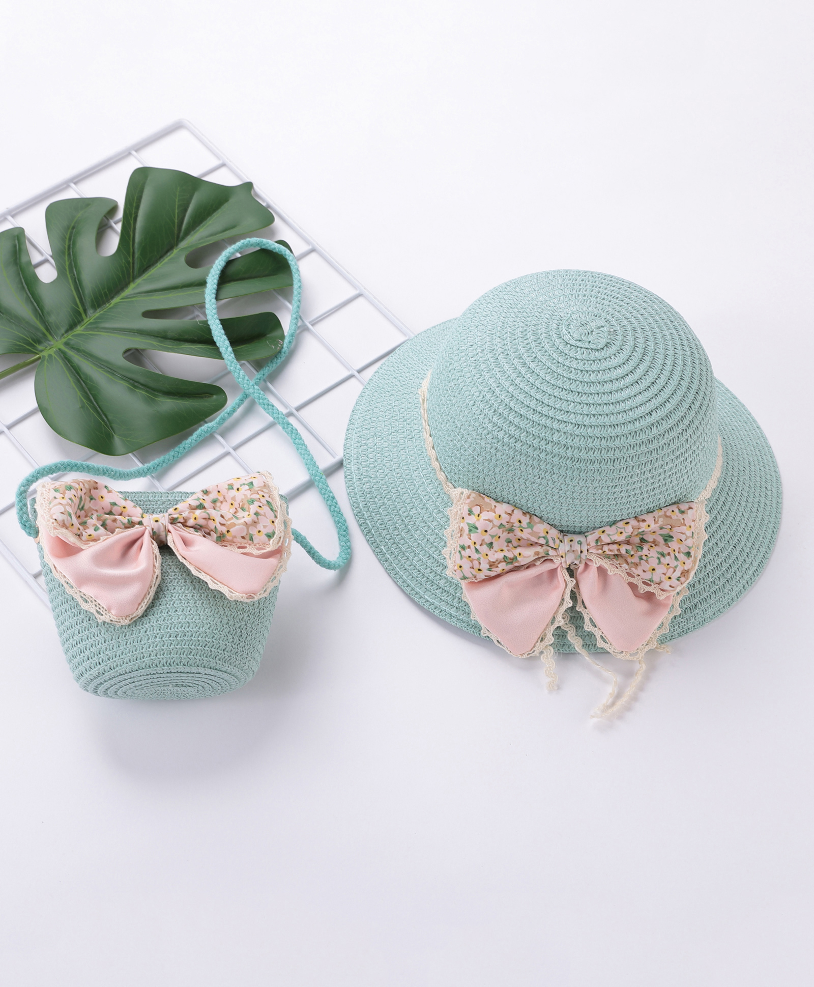 Babyhug Straw Hat With Bow & Purse - Mint Blue-image-38