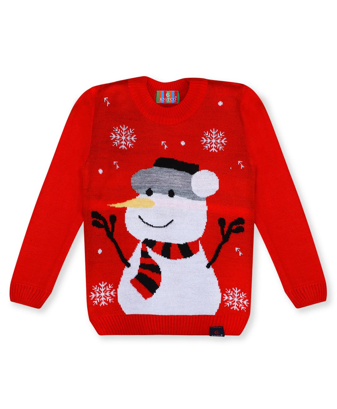 KNITCO Christmas Theme Full Sleeves Snow Man & Snowflakes Graphic Knit Regular Fit Sweater - Red & White-image-38