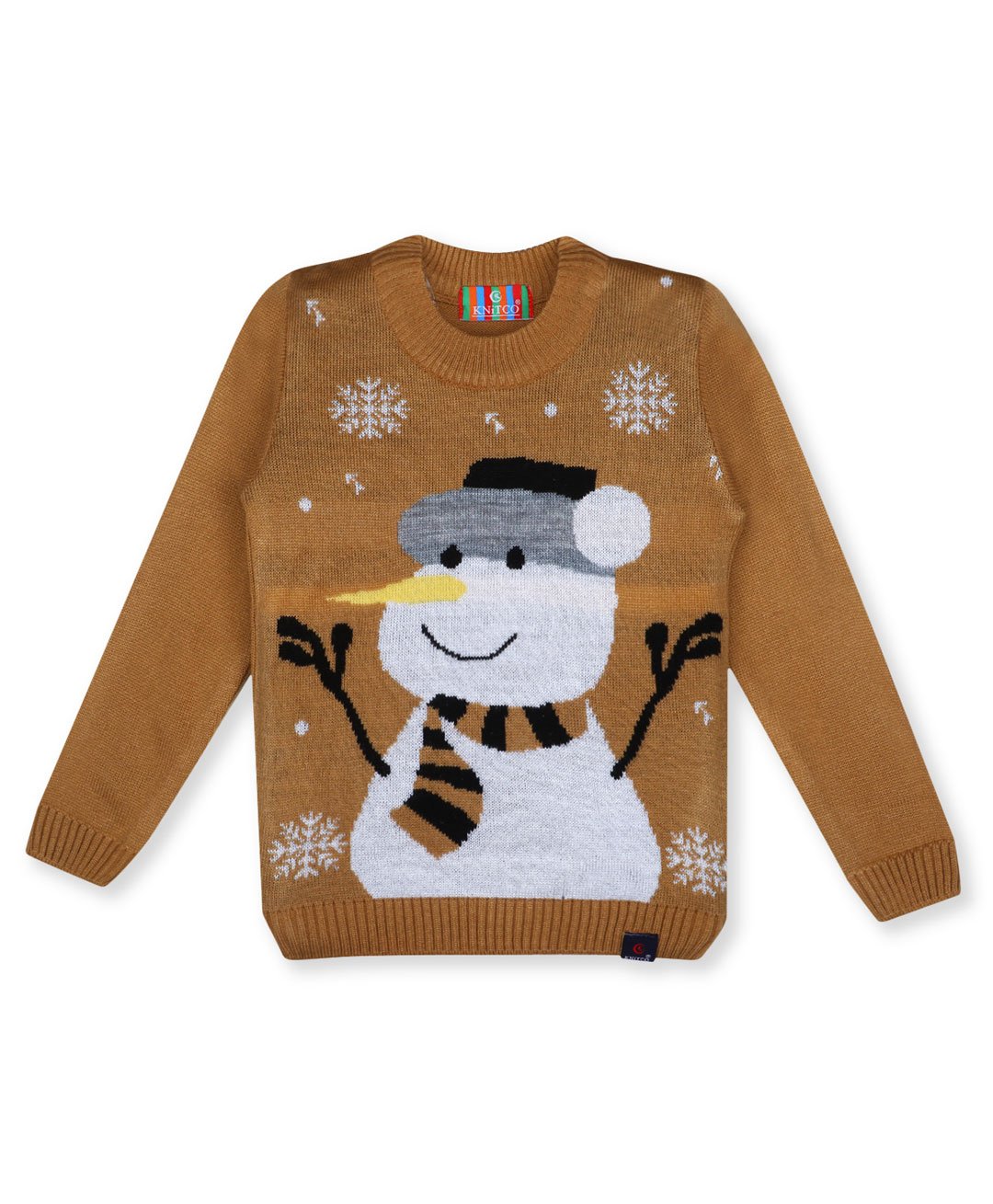 KNITCO Christmas Theme Full Sleeves Snow Man & Snowflakes Graphic Knit Regular Fit Sweater - Beige & White-image-30