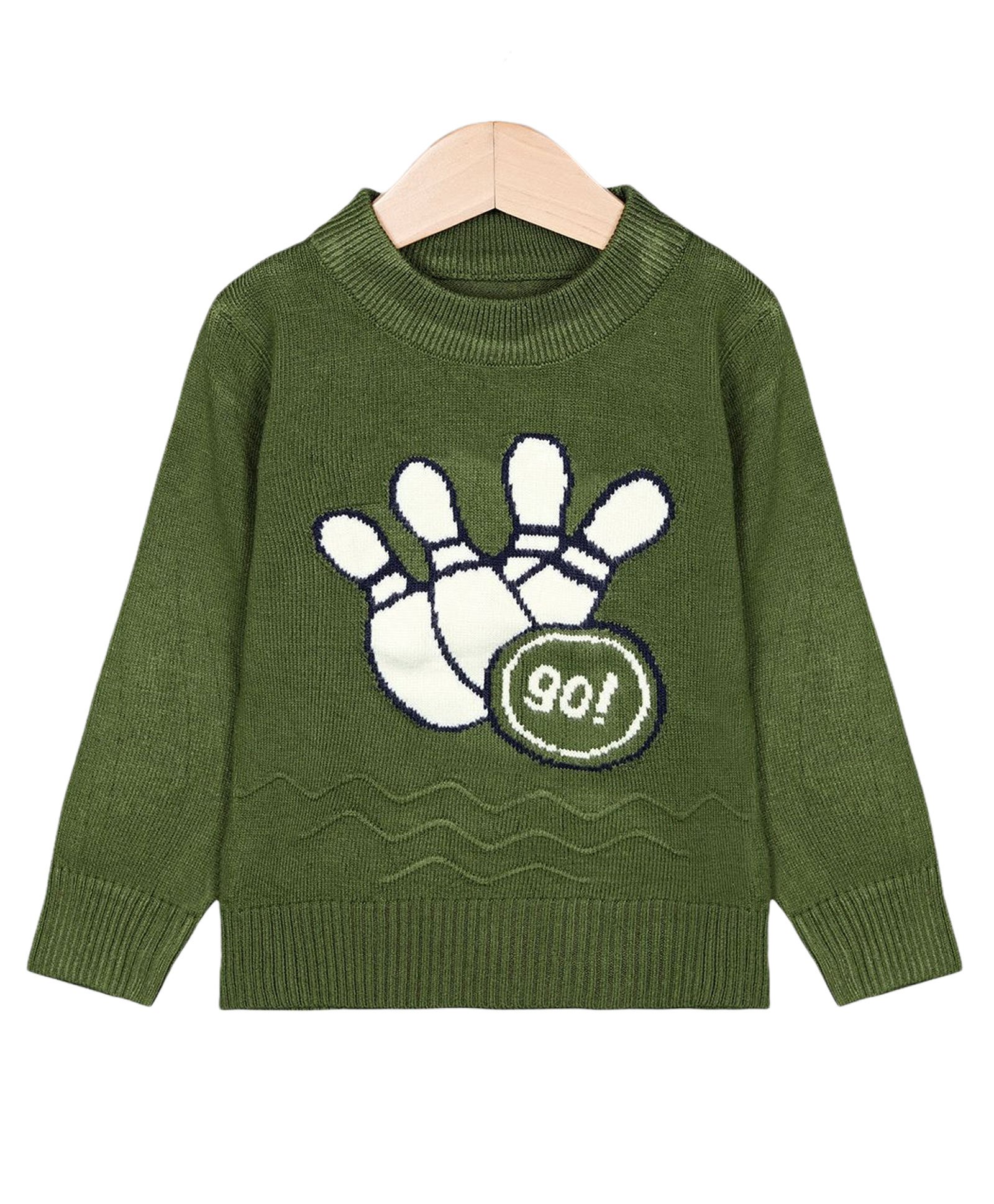 KNITCO Full Sleeves Bowling Pins & Balls Graphic Knit Regular Fit Sweater - Olive & White-picture-35