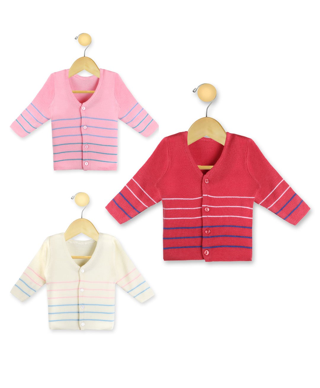 KNITCO Pack Of 3 Full Sleeves Striped Sweaters - Pink Off White-image-12