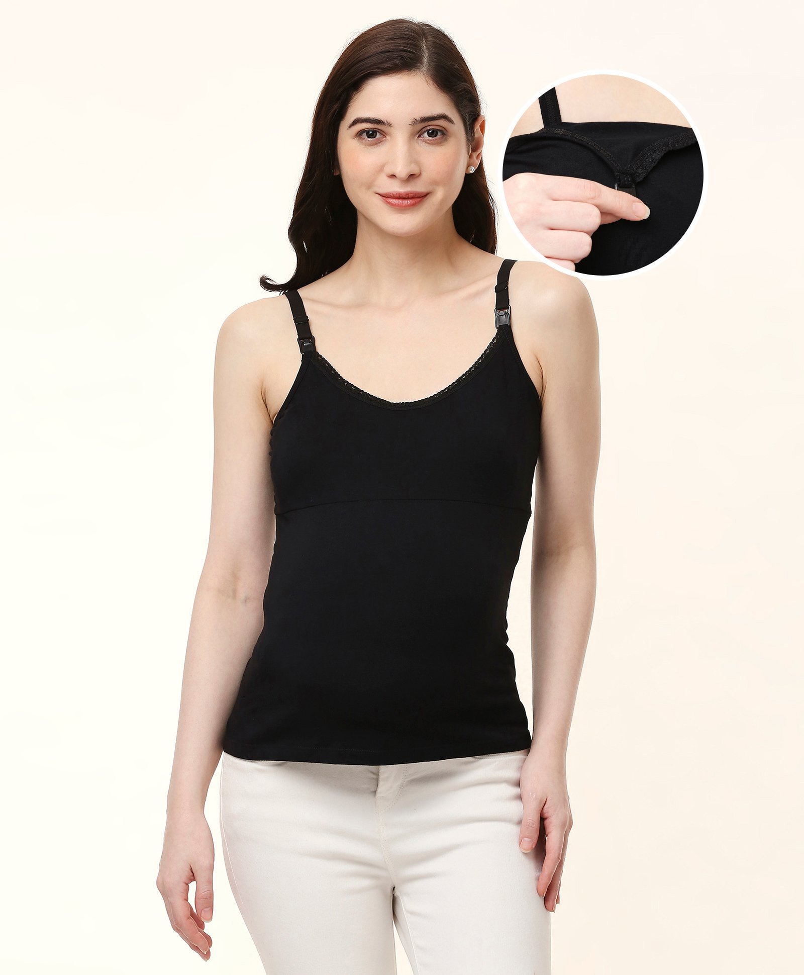 Bella Mama Cotton Elastane Solid Maternity Camisole with lace - Black-image-31