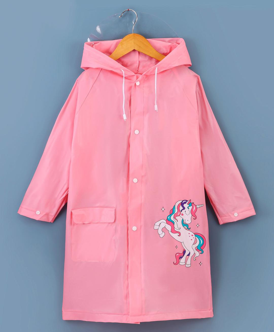 Babyhug Full Sleeves Hooded Raincoat Unicorn Print - Pink