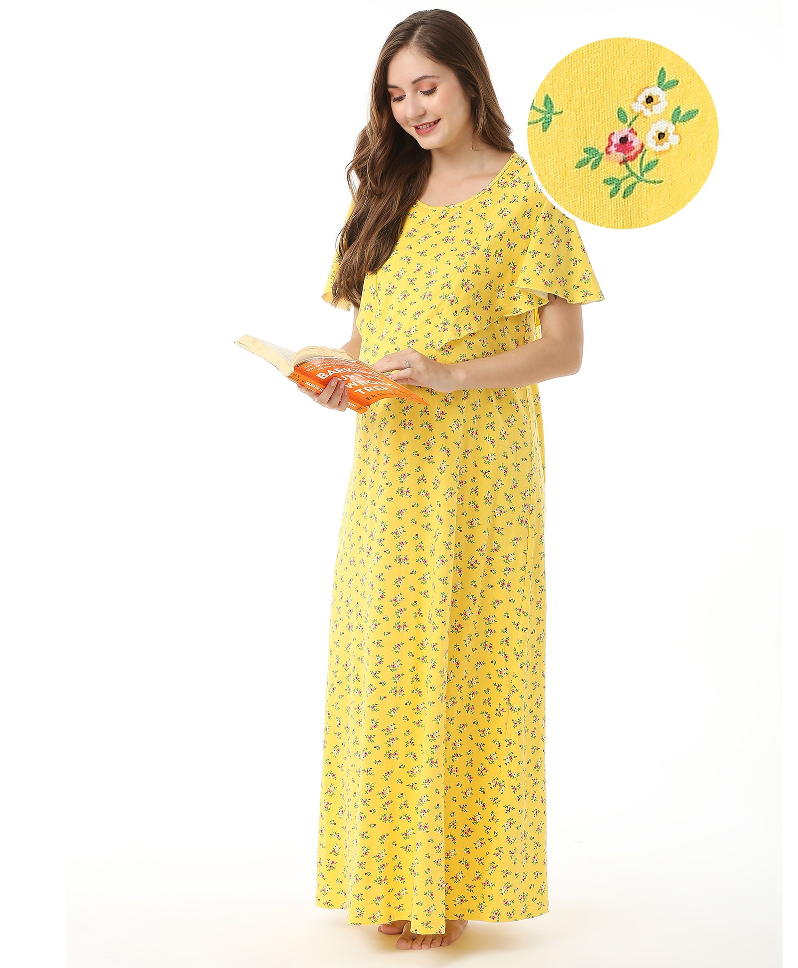 Bella Mama Cotton Half Sleeves Floral Print Nursing & Maternity Nighty with Concealed Zipper - Yellow-picture-29