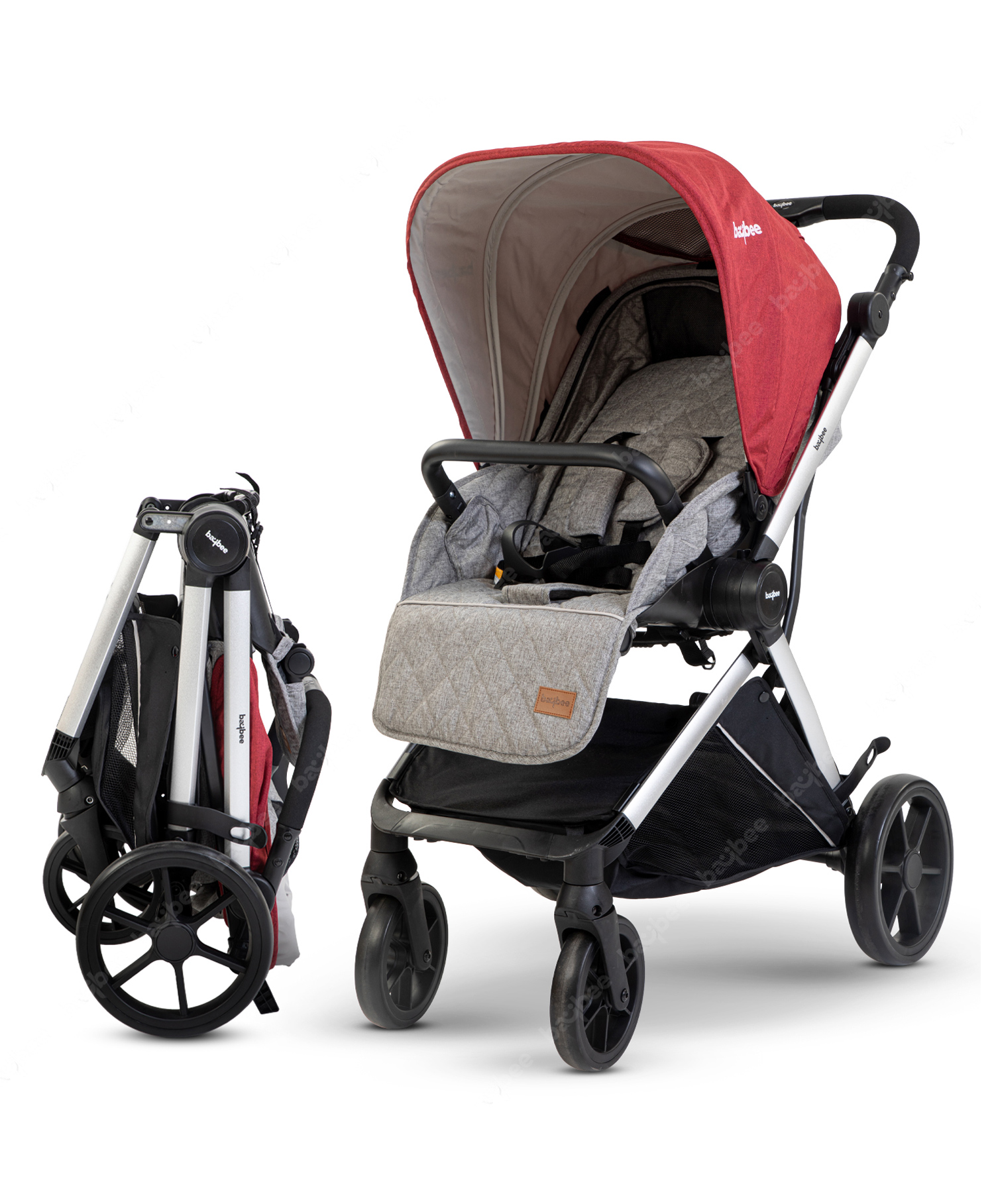 Baybee Infant Baby Pram Stroller for Newborn Babies with Aluminum Frame 3 Position Adjustable Canopy Reversible Seat Safety harness Storage Basket & Rear Brake - Silver-image-13
