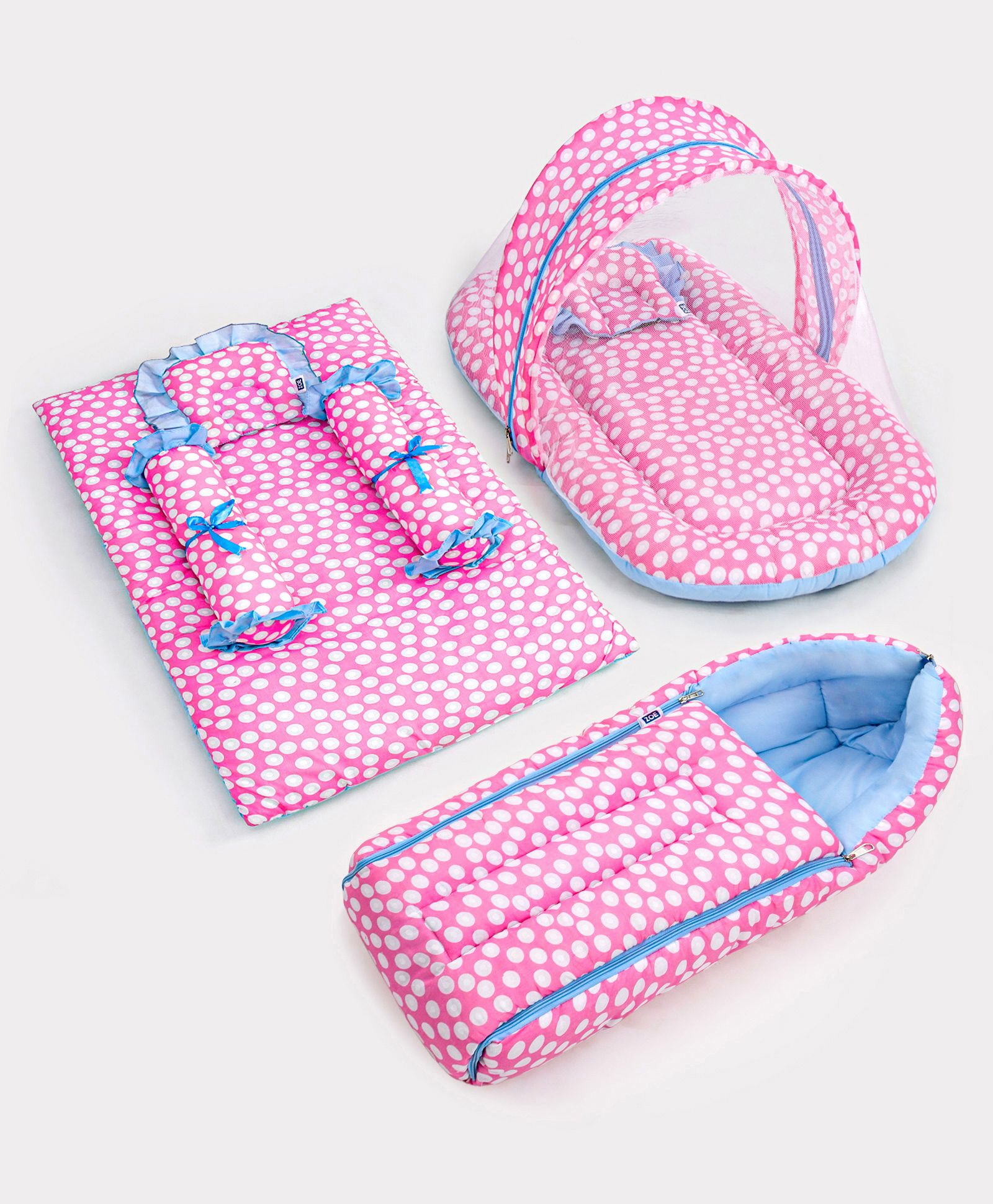 ZOE Bedding Set, Sleeping Bag & Mosquito Net Gadda Combo Set of 3 Polka Print - Pink-image-36