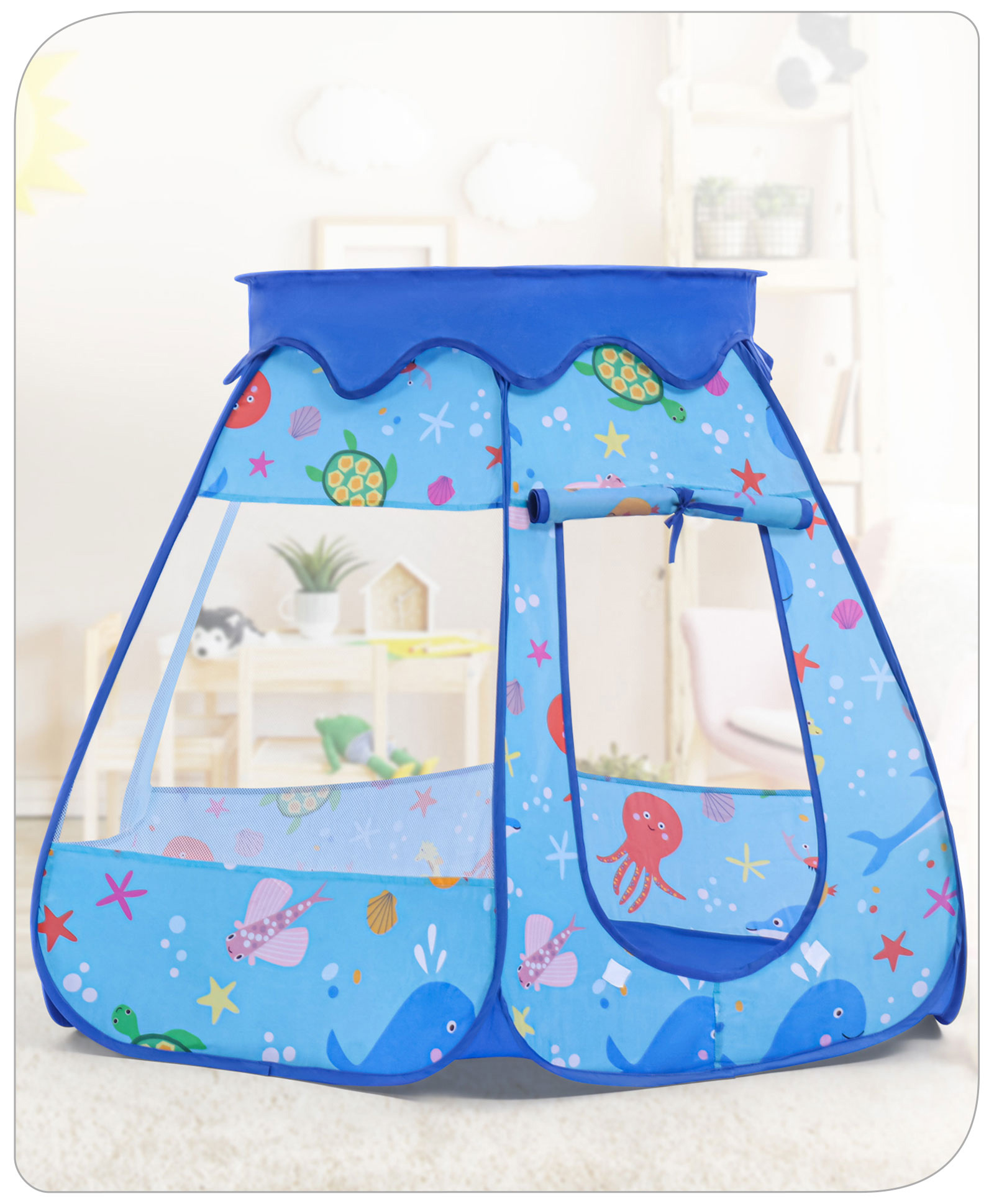 Babyhug Foldable Pop-Up Play Tent House Aquatic Theme - Blue-image-44