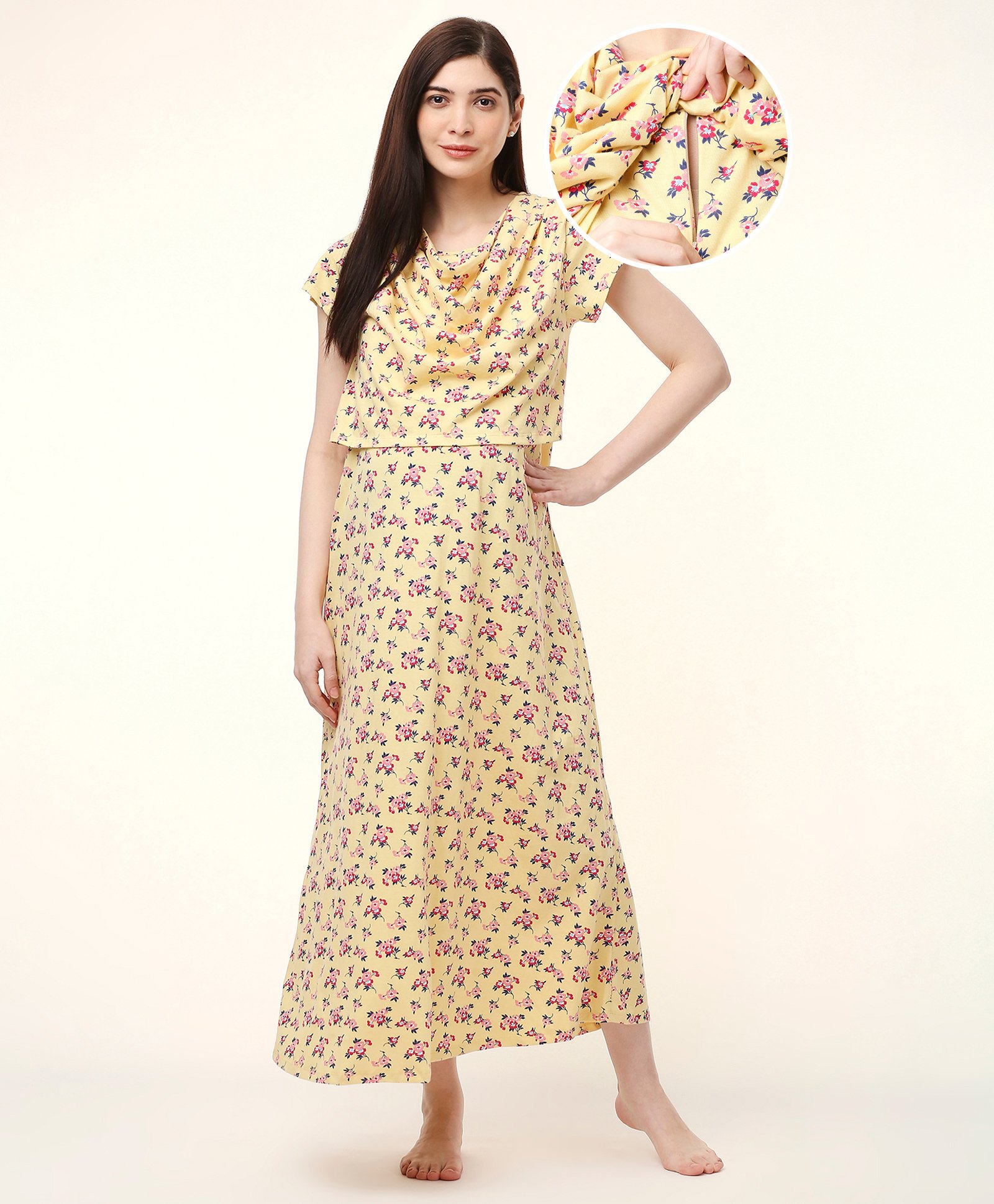 Bella Mama Cotton Knit Half Sleeves Floral Printed Nursing & Maternity Nighty with Concealed Zipper Floral Print - Yellow-picture-35