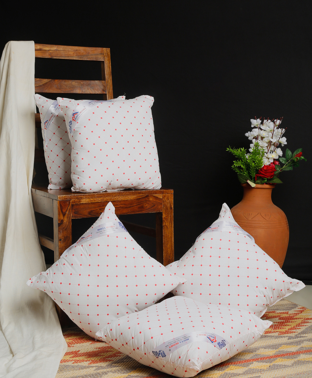 Hosta Homes Printed Cotton Fabric Filled with Microfibre Cushion Fillers Set of 5 - White-image-24