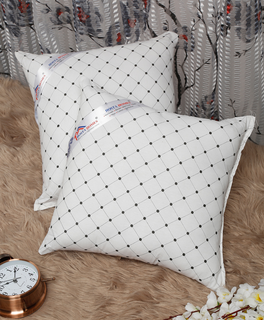 Hosta Homes Printed Cotton Fabric Filled with Microfibre Cushion Fillers Set of 2 - Black-picture-47