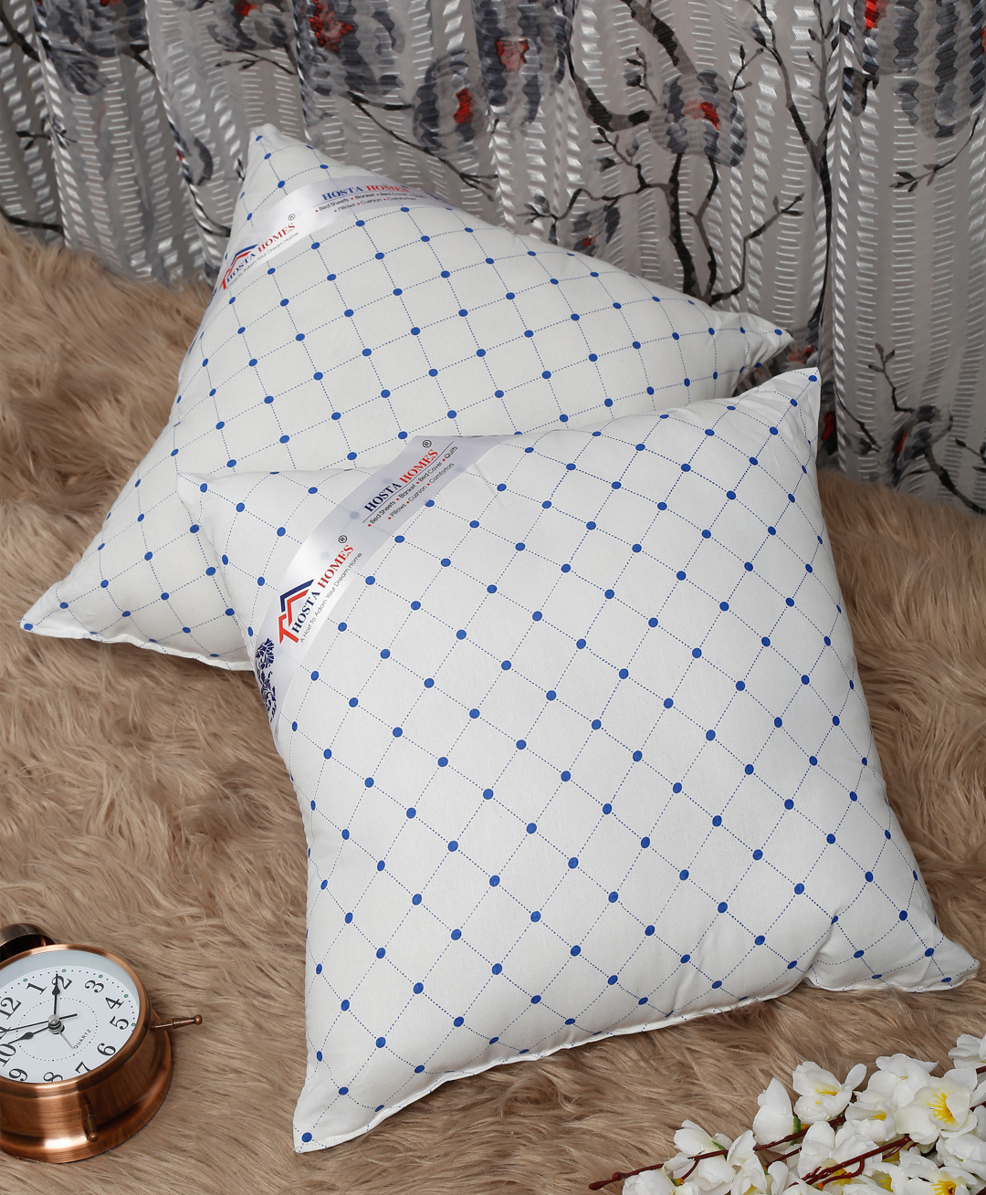 Hosta Homes Printed Cotton Fabric Filled with Microfibre Cushion Fillers Set of 2 - White-image-17