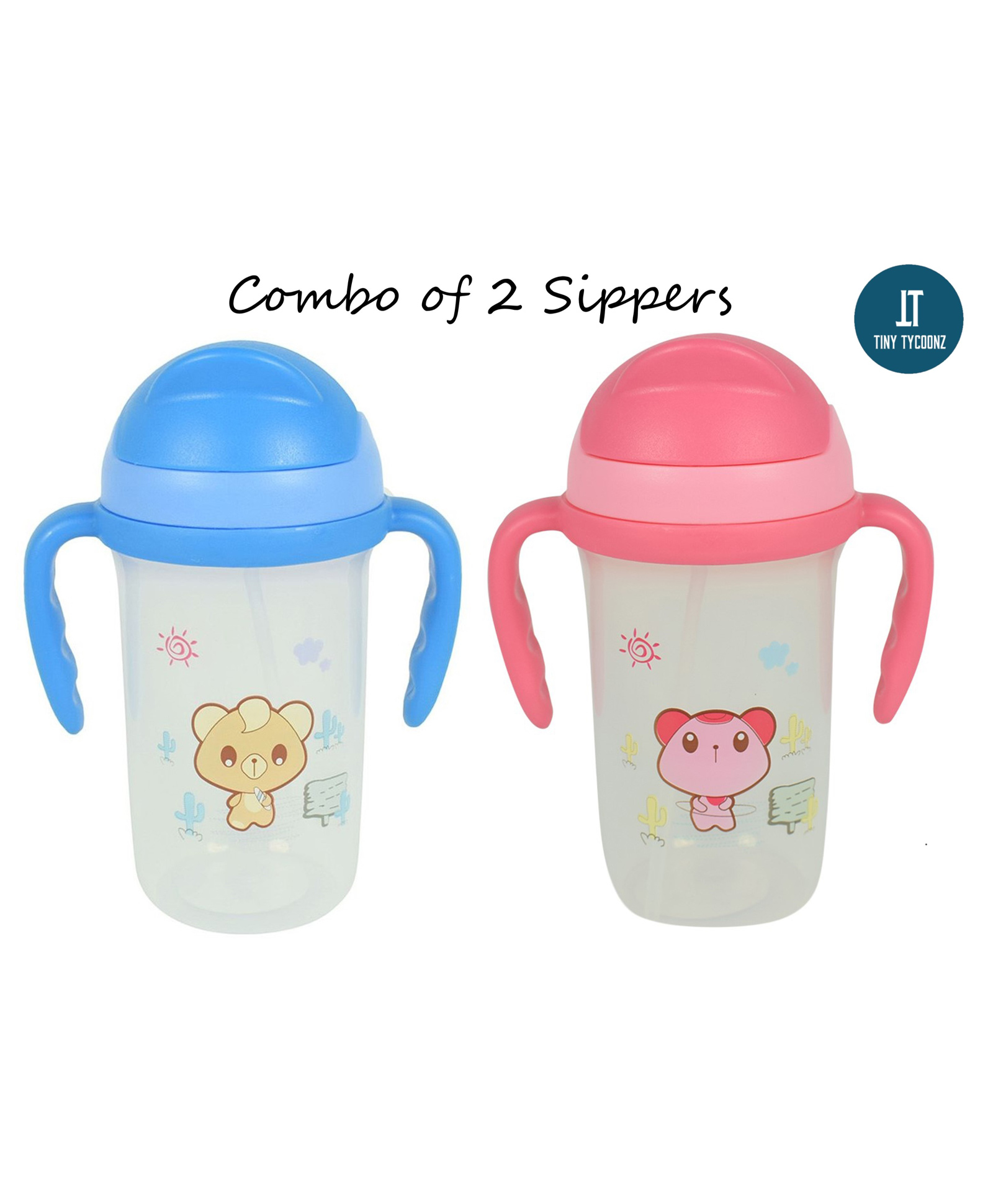 Tiny Tycoonz Anti Spill Sipper Cup With Straw & Twin Handle Pack of 2 Blue Pink - 350 ml each-picture-48