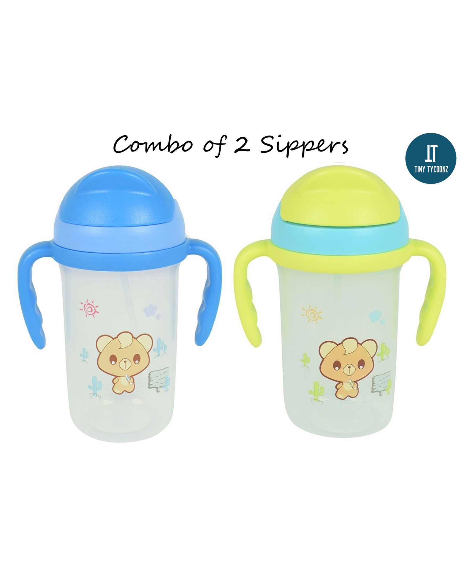 Tiny Tycoonz Anti Spill Sipper Cup With Straw & Twin Handle Pack of 2 Blue Green - 350 ml each-image-12