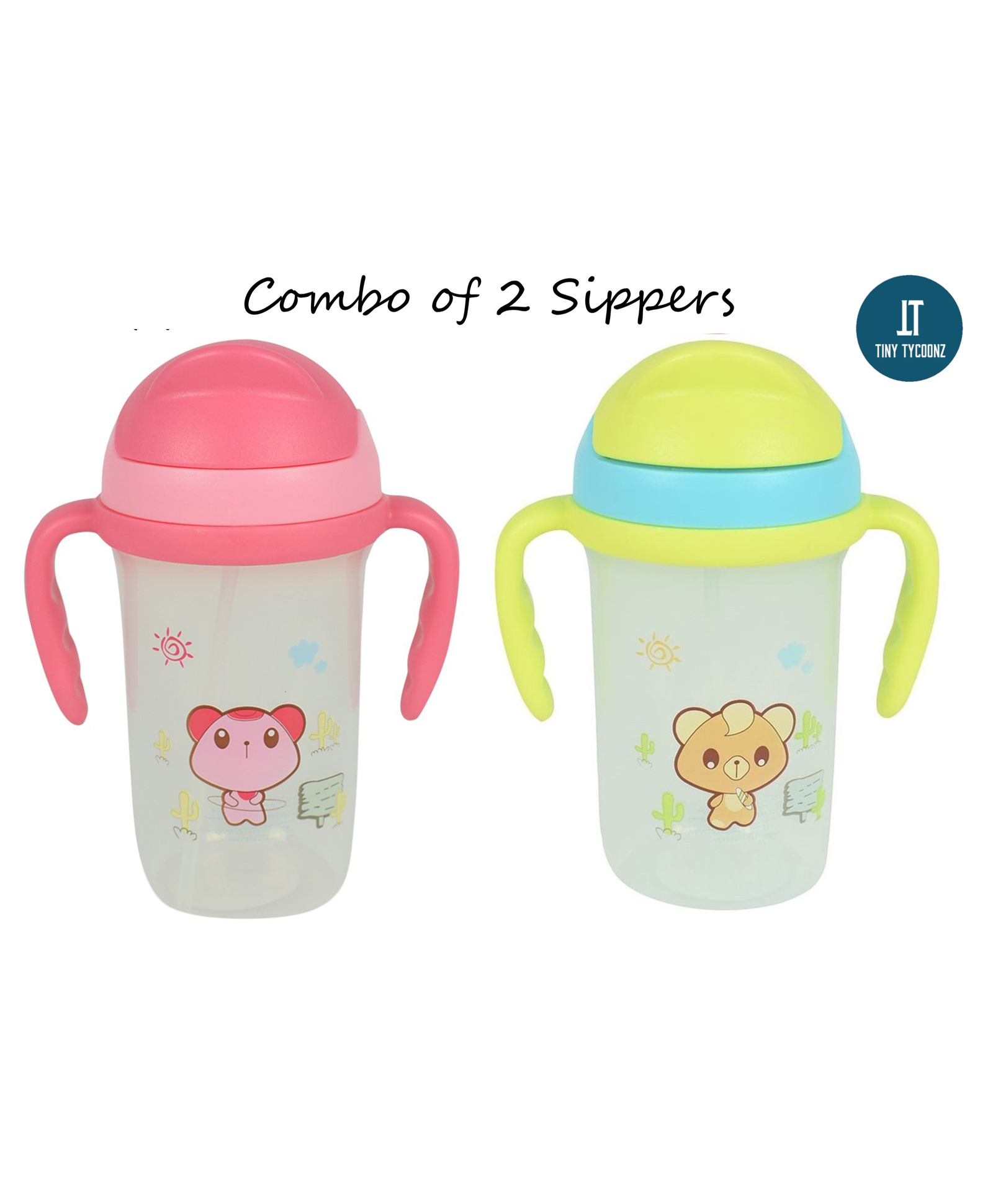 Tiny Tycoonz Anti Spill Sipper Cup With Straw & Twin Handle Pack of 2 Green Pink - 350 ml each-image-26