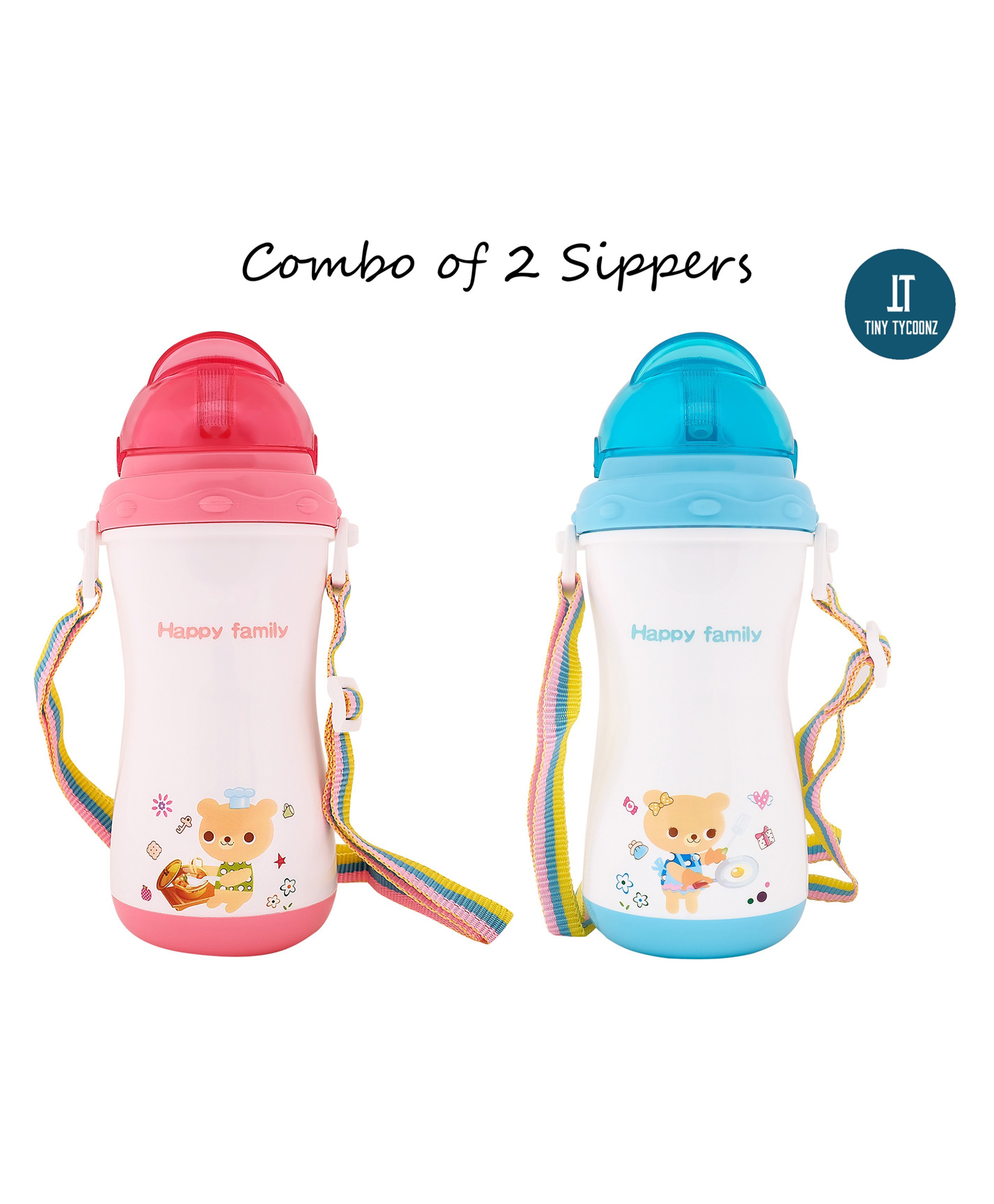 Tiny Tycoonz Polypropylene Sipper Cup with Detachable Straps & Straw Lid Cup Pink Blue Pack of 2 - 350 ml each-image-29
