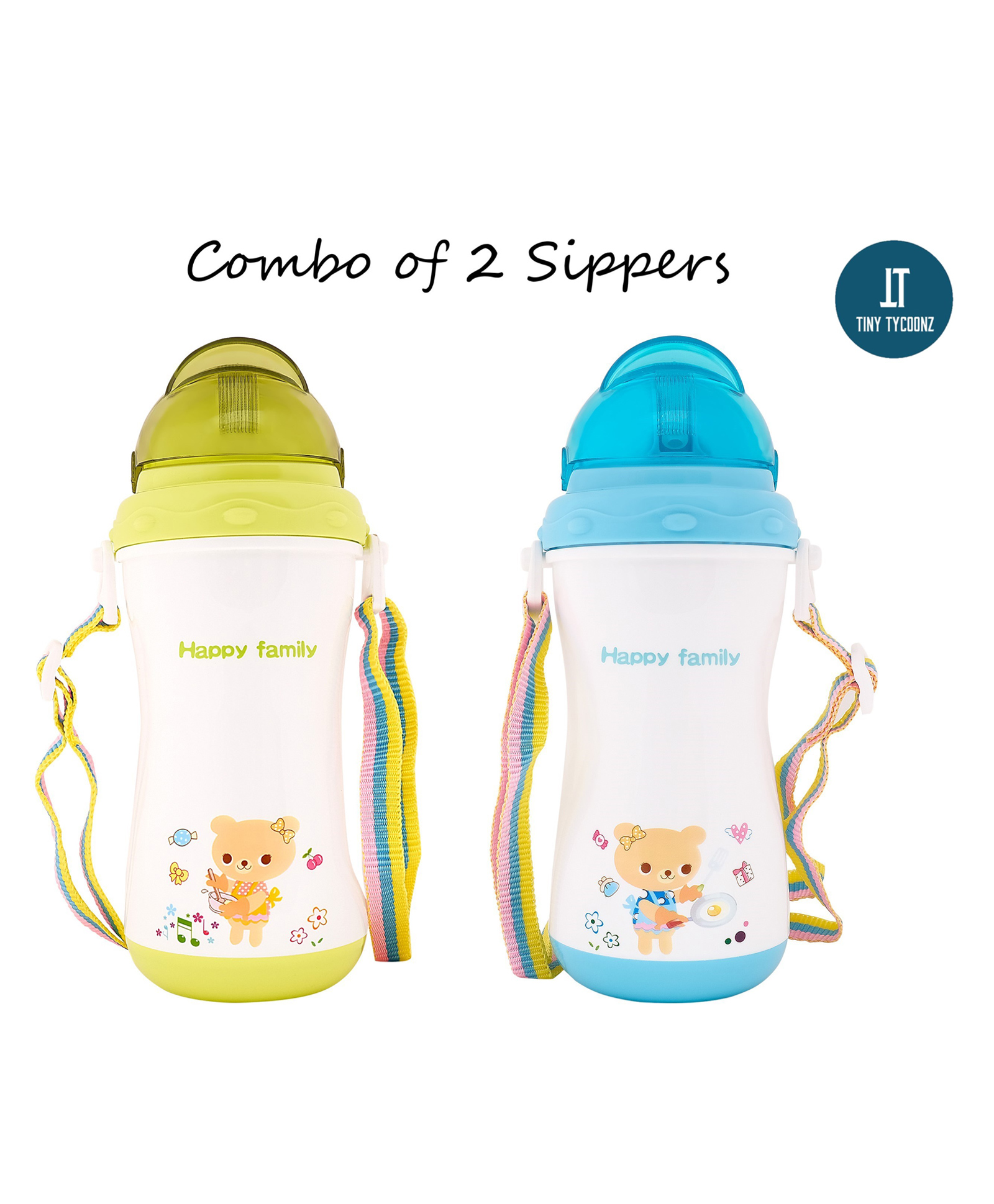 Tiny Tycoonz Polypropylene Sipper Cup with Detachable Straps & Straw Lid Cup Green Blue Pack of 2 - 350 ml each-image-10