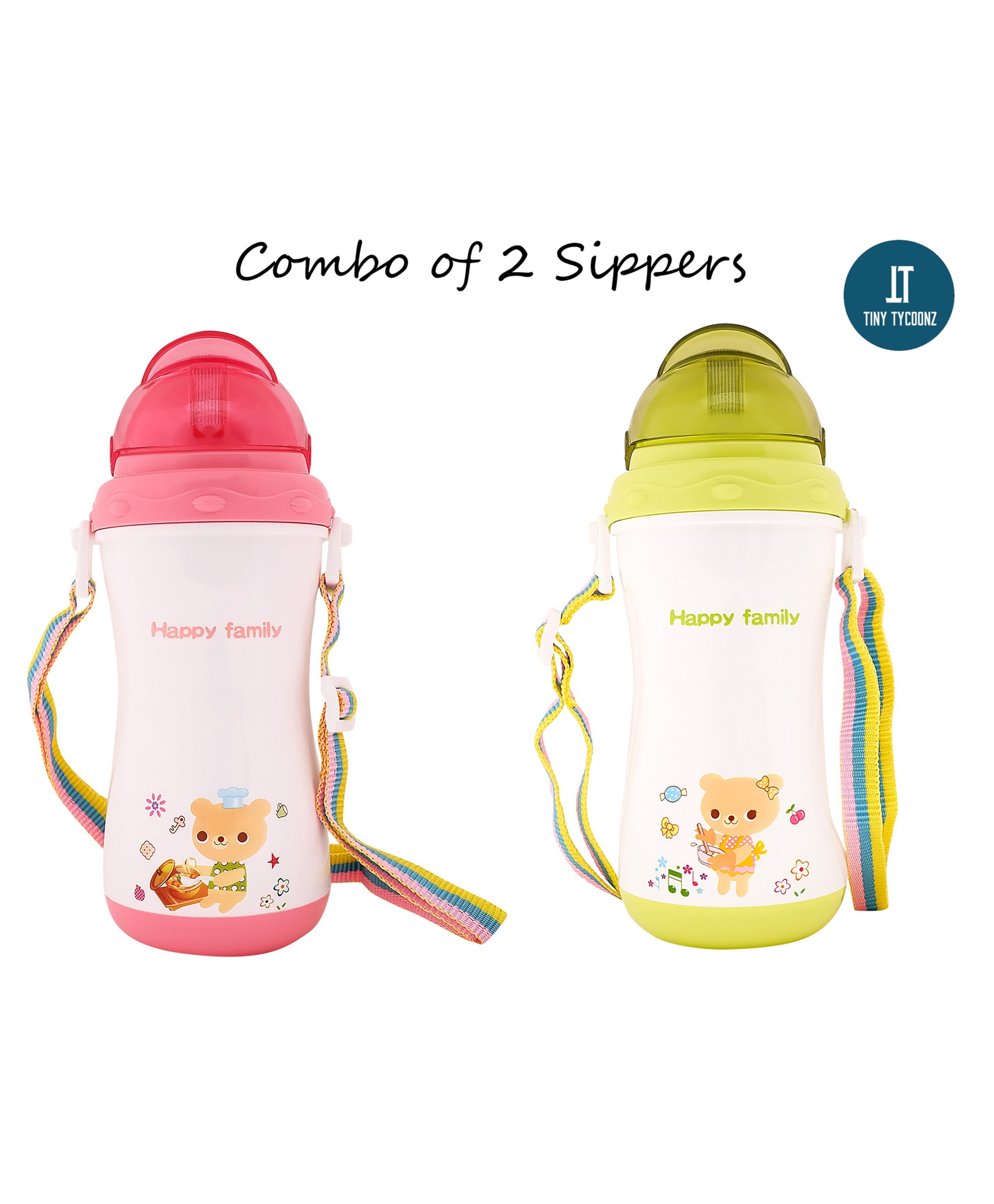 Tiny Tycoonz Polypropylene Sipper Cup with Detachable Straps & Straw Lid Cup Green Pink Pack of 2 - 350 ml each-picture-43