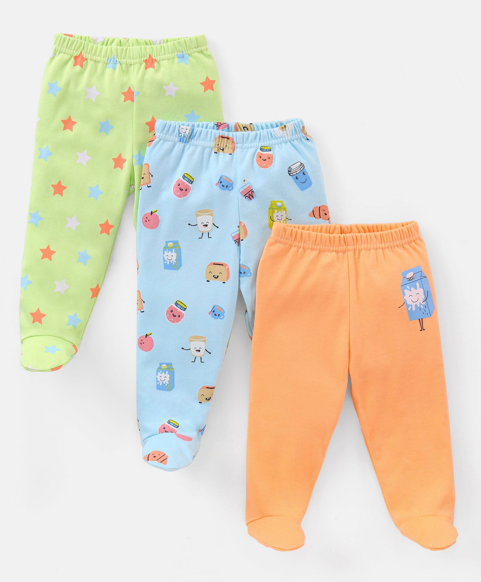 Babyhug Cotton Full Length Bootie Pants Stars & Milk Print Pack Of 3- Orange & Blue-image-35