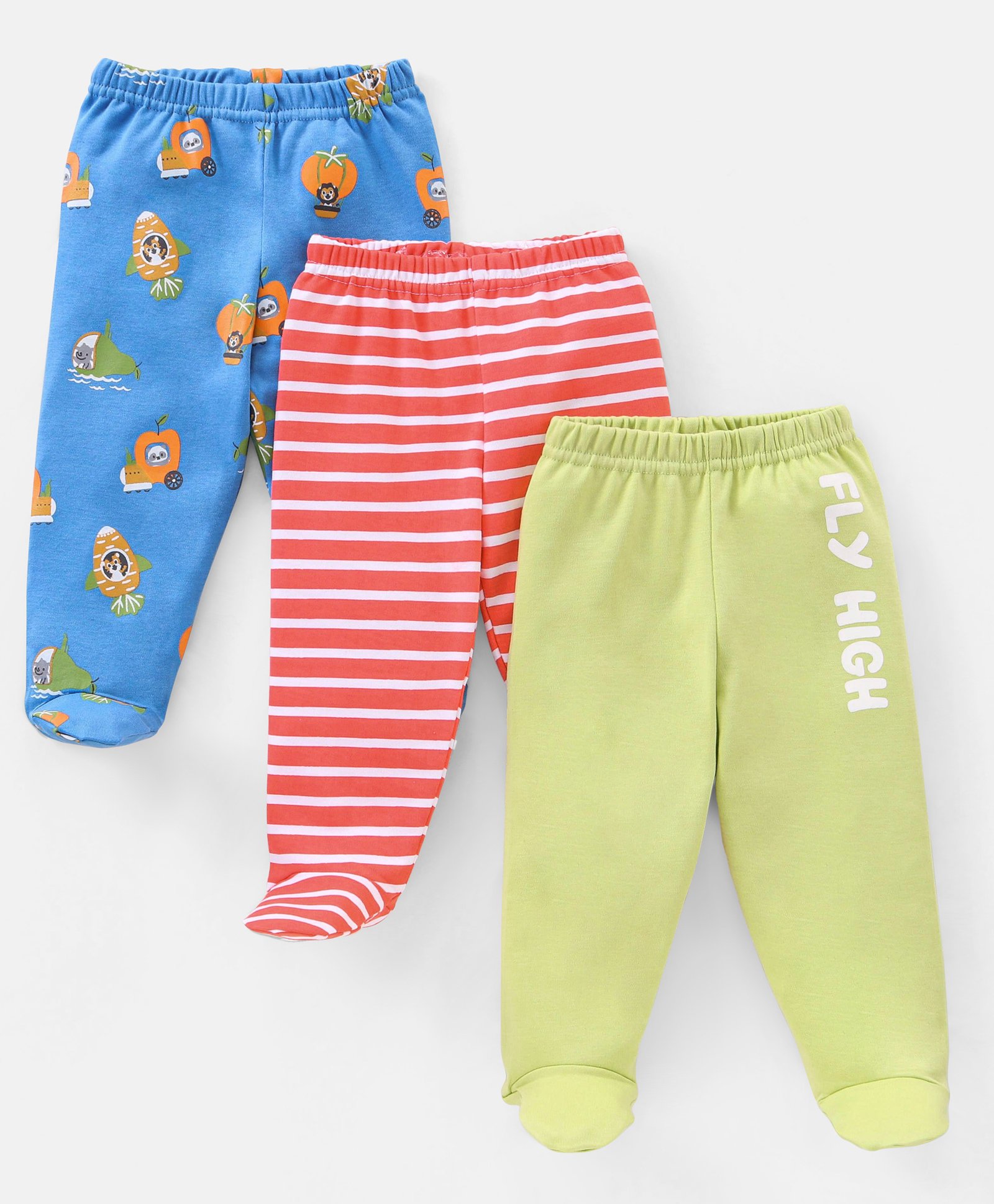 Babyhug Cotton Full Length Bootie Pants Stripes & Fruit Print Pack Of 3- Green & Blue-image-34