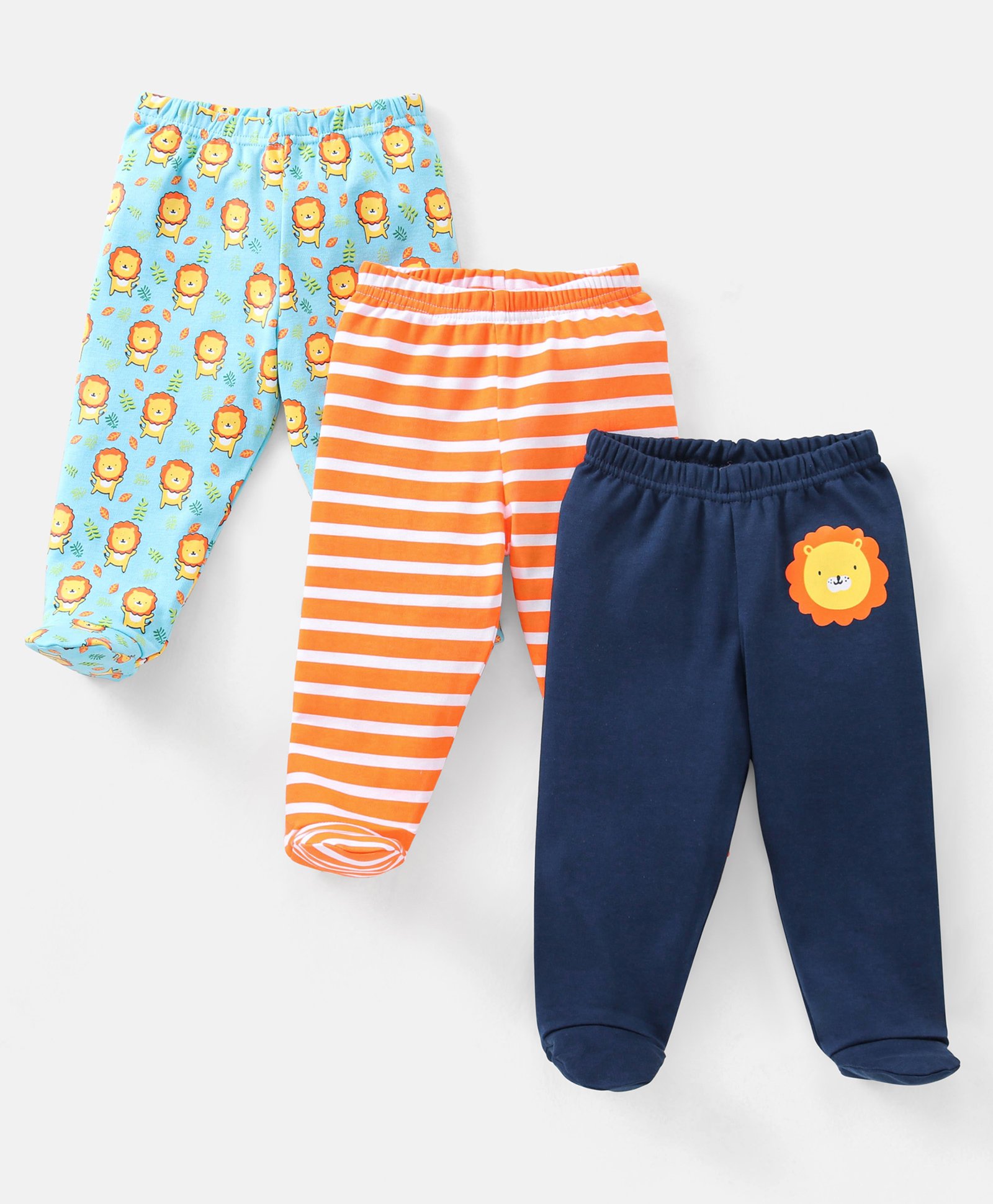 Babyhug Cotton Full Length Bootie Pants Stripes & Lion Print Pack Of 3- Blue & Orange-image-36