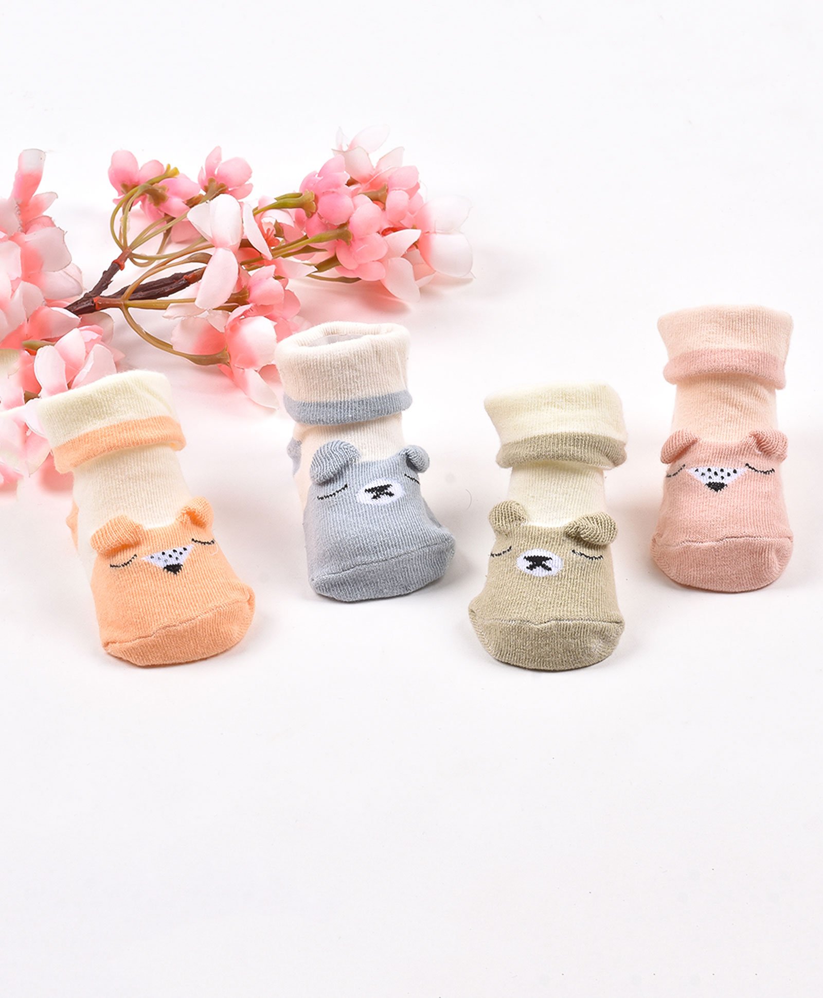 Footprints Pack Of 4 Organic Cotton Teddy Face Designed Colour Block Anti Skid Socks - Multi Colour-picture-33