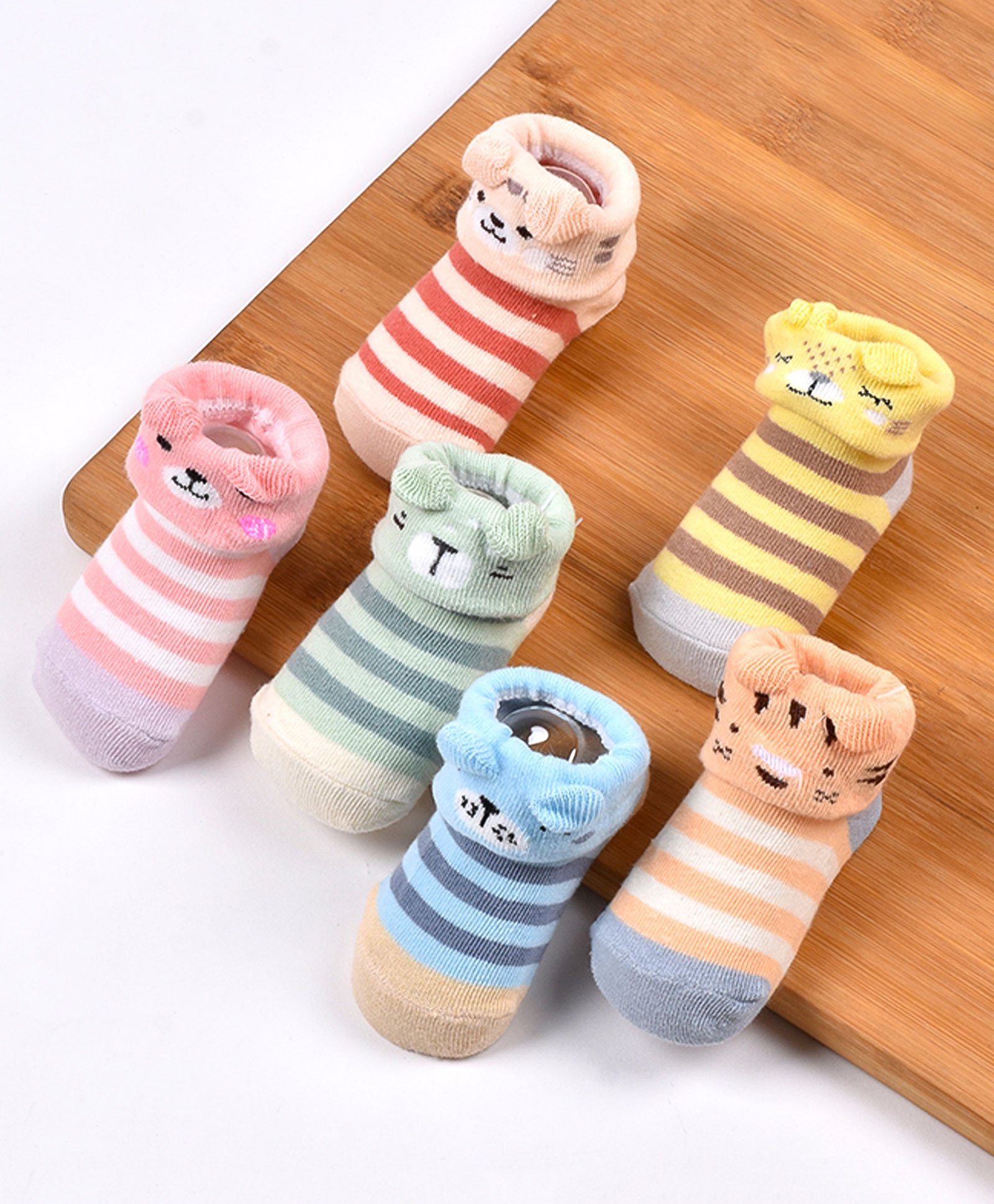 Footprints Pack Of 6 Organic Cotton Striped &  Animal Face Designed Anti Skid Socks - Multi Colour-image-24