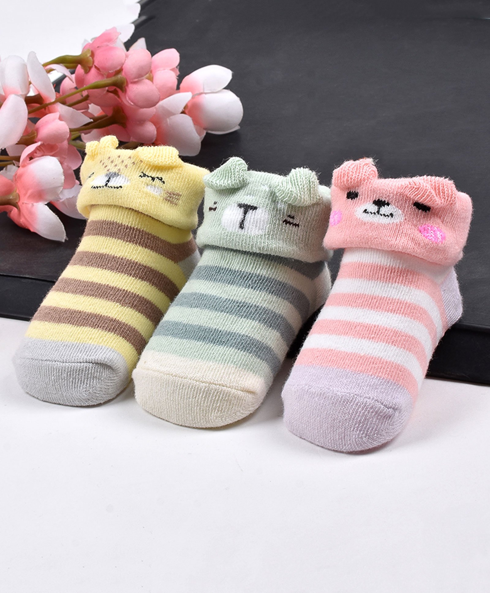 Footprints Pack Of 3 Animal Faces And Striped Design Organic Cotton Unisex Anti skid Socks - Multicolor-image-42