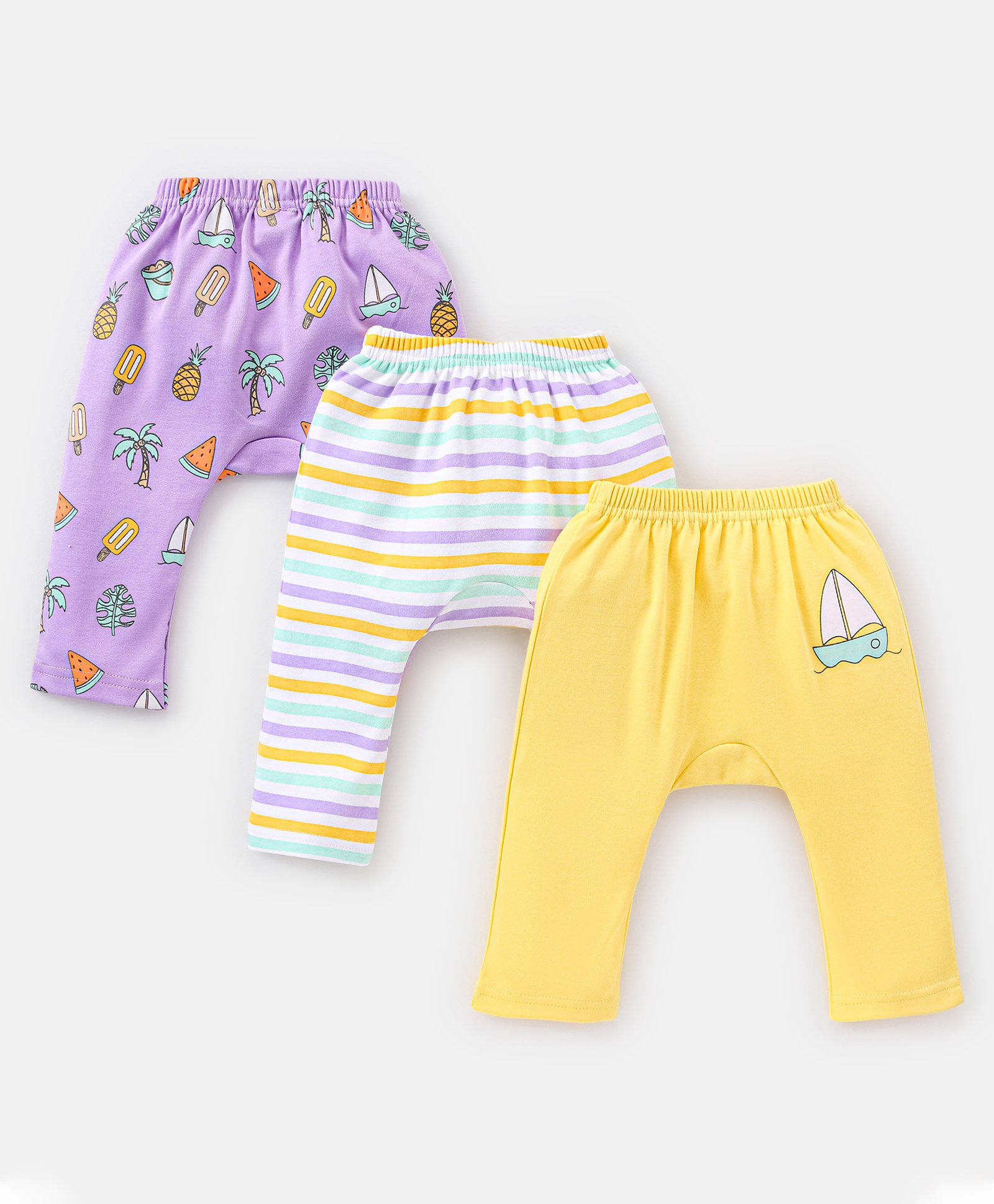 Babyhug Full Length Cotton Diaper Leggings Striped and Candy Print Pack of  3 - Purple Yellow-image-31