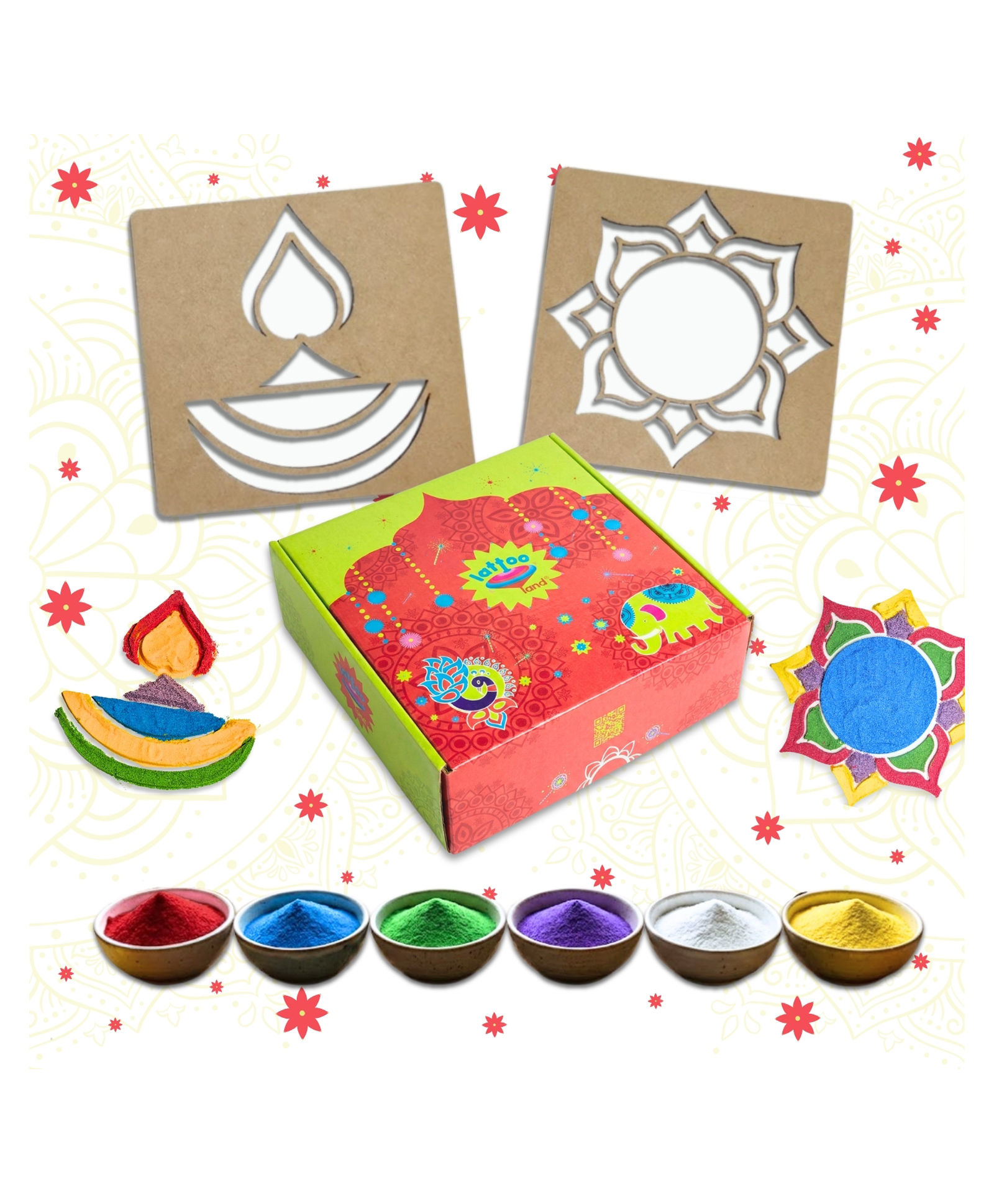 Lattooland Organic Non Toxic Rangoli Kit  with Mandala & Diya Stencils - Multicolor-image-9