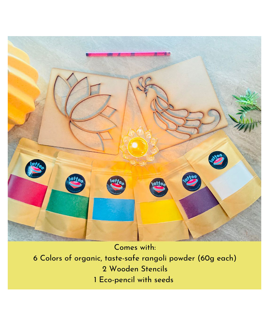 Lattooland Organic Non Toxic  Rangoli Kit with Peacock and Lotus Stencils - Multicolor-image-34