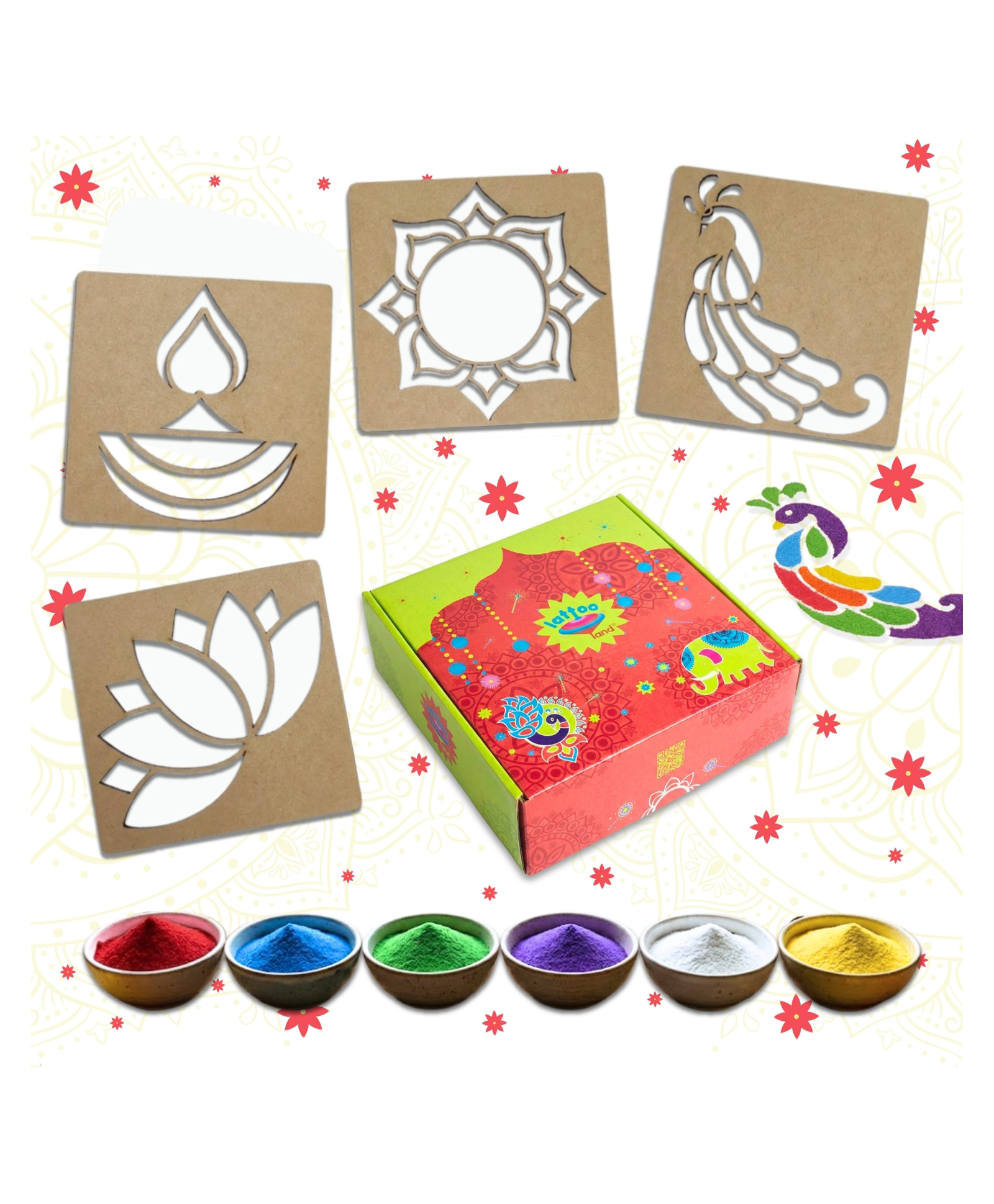 Lattooland Organic Non Toxic Rangoli Kit with 4 Wooden Stencils - Multicolor-picture-13
