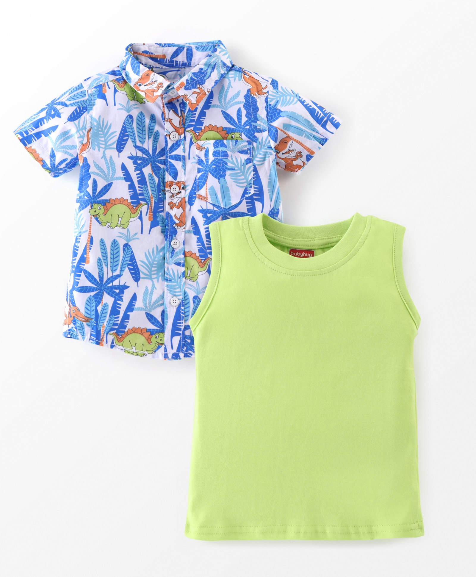 Babyhug 100% Cotton Half Sleeves Leaf Printed Shirt With Solid Inner T-Shirt - White Blue & Green-image-11