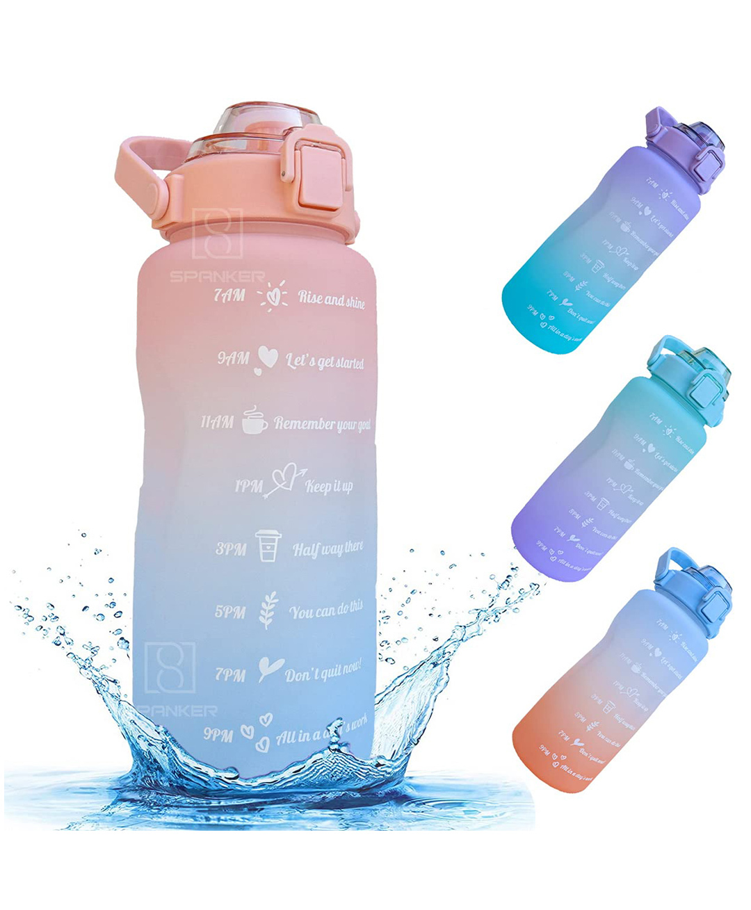 Spanker Motivational Water Bottle Gallon With Time Marker Large Capacity Leakproof Bpa Free Fitness Sports Water Bottle Peach Blue Sstp - 2000 ml-image-29