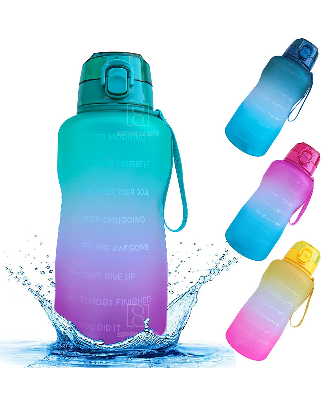 Spanker Motivational Water Bottle Gallon With Time Marker Large Capacity Leakproof Bpa Free Fitness Sports Water Bottle Green Pink  Sstp - 2000 ml-image-22