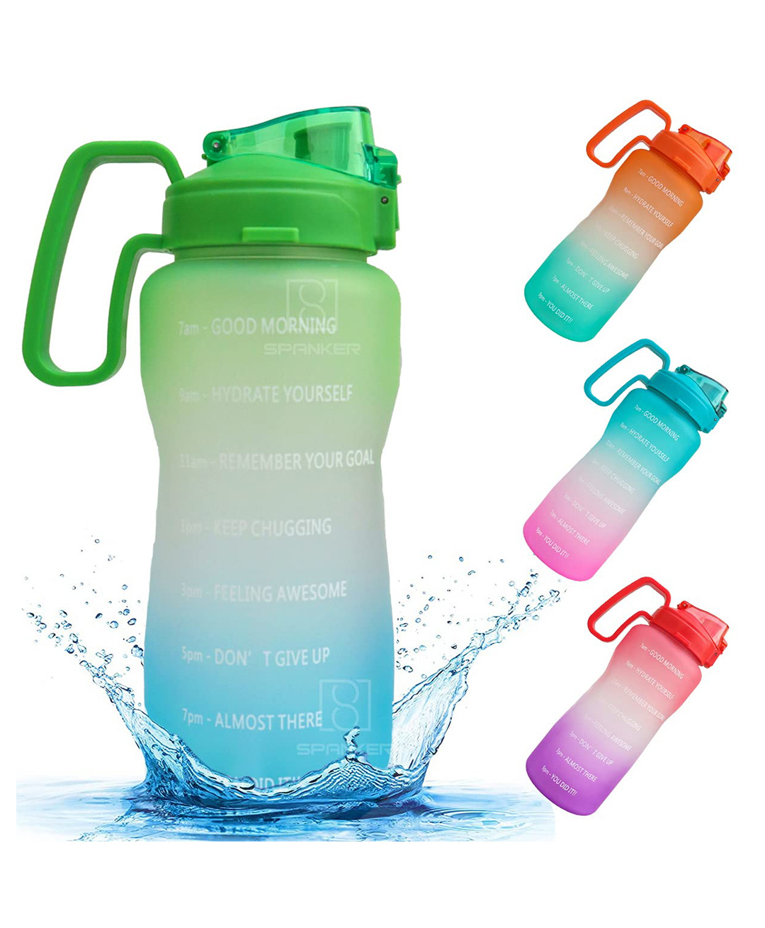 Spanker Motivational Water Bottle Gallon With Time Marker Large Capacity Leakproof Bpa Free Fitness Sports Water Bottle Green Blue Sstp - 2000 ml-image-6