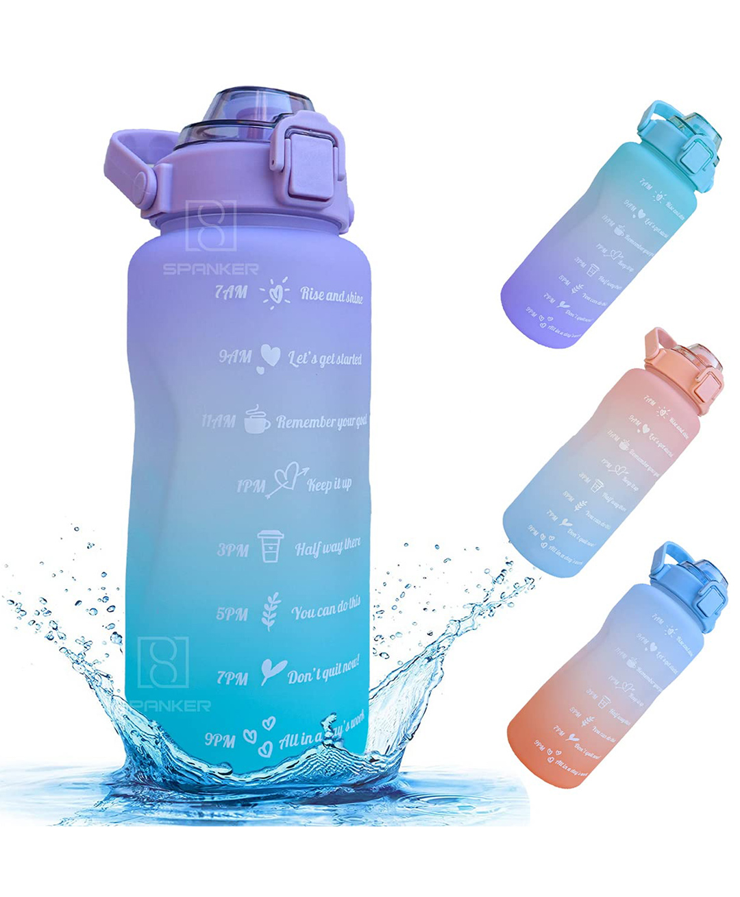 Spanker Motivational Water Bottle Gallon With Time Marker Large Capacity Leakproof Bpa Free Fitness Sports Water Bottle Purple Sea Green Sstp - 2000 ml-image-24