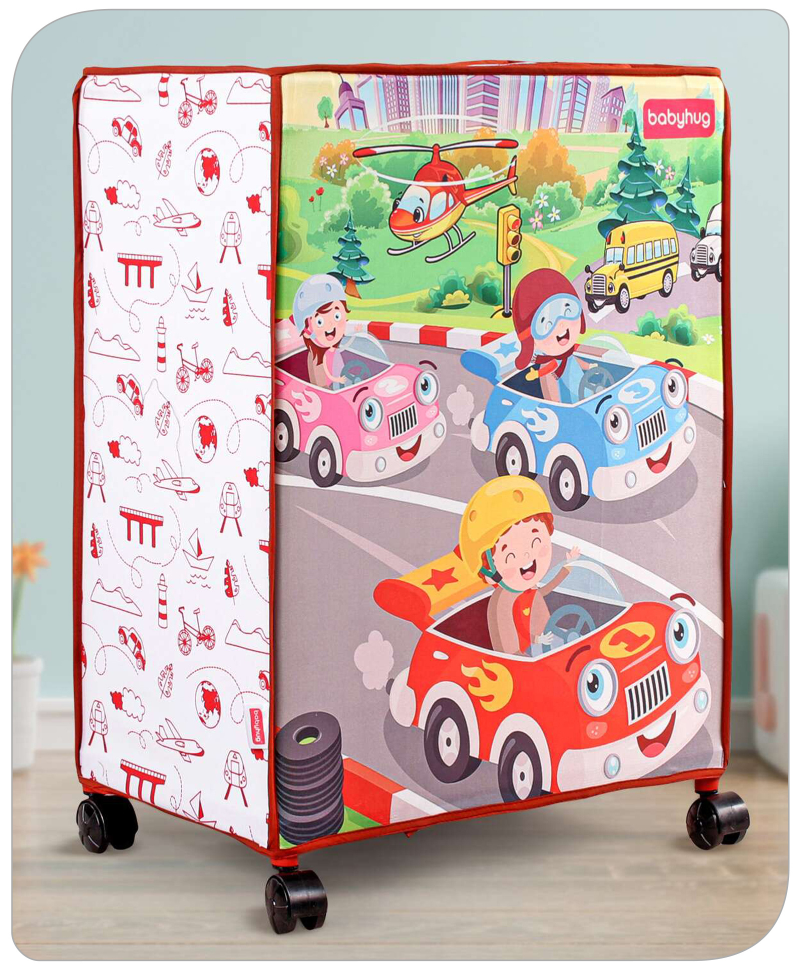 Babyhug Multi Utility Square Laundry Bag With Wheels Baby Car Theme - Red-picture-15