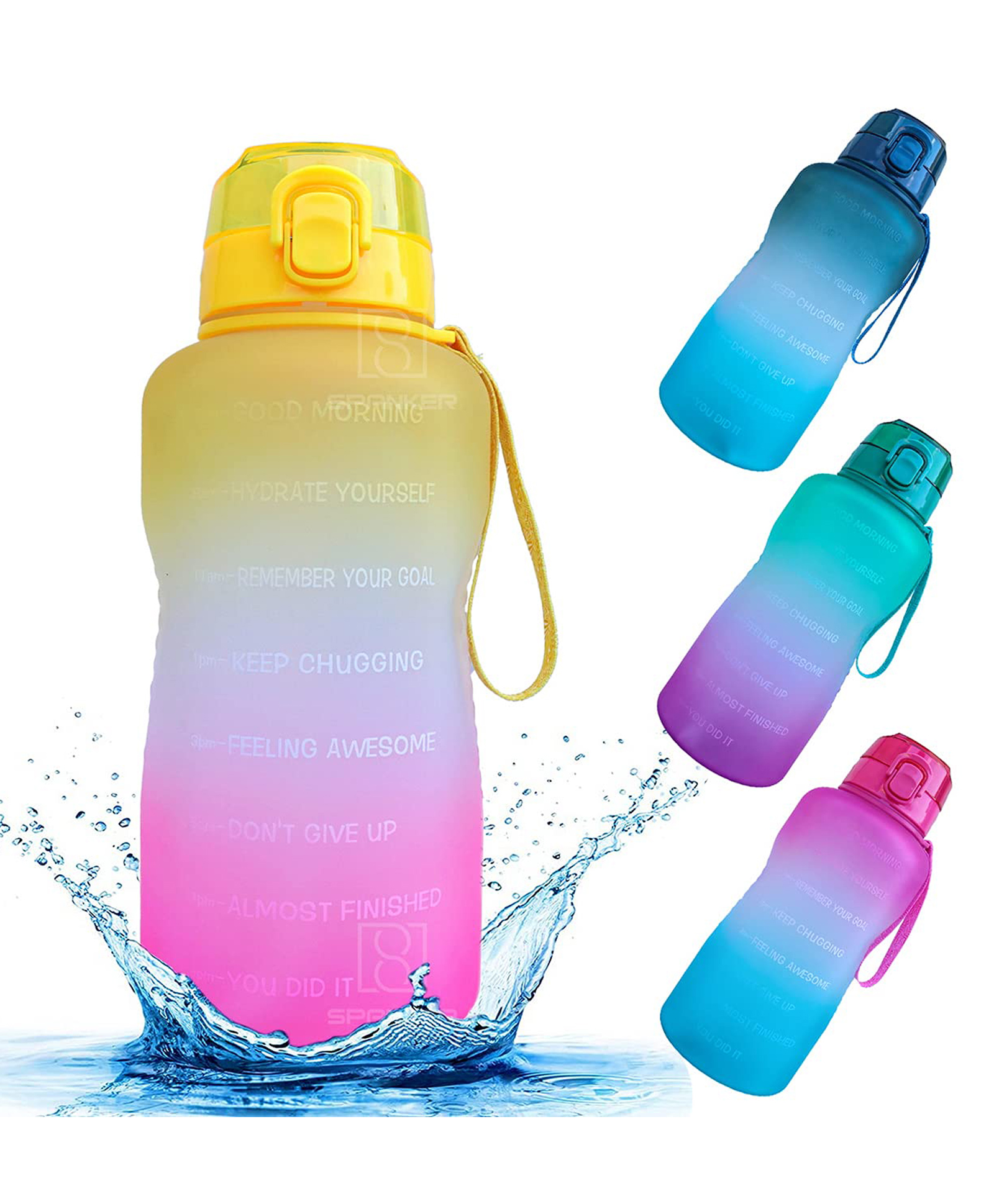 Spanker Jumbo Tank All In 1 Motivational Leakproof Water Bottle Gallon with Strap, Time Marker, 3800 ml, BPA Free Fitness Sports Water Bottle - Yellow Pink (SSTP)-picture-22