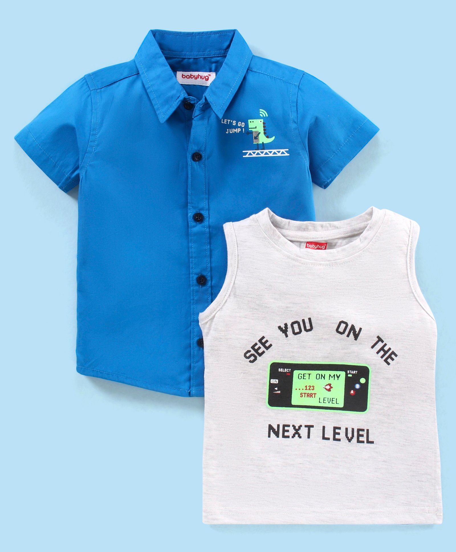 Babyhug 100% Cotton Half Sleeves Shirt With T-Shirt Text Print- Blue & White-picture-26