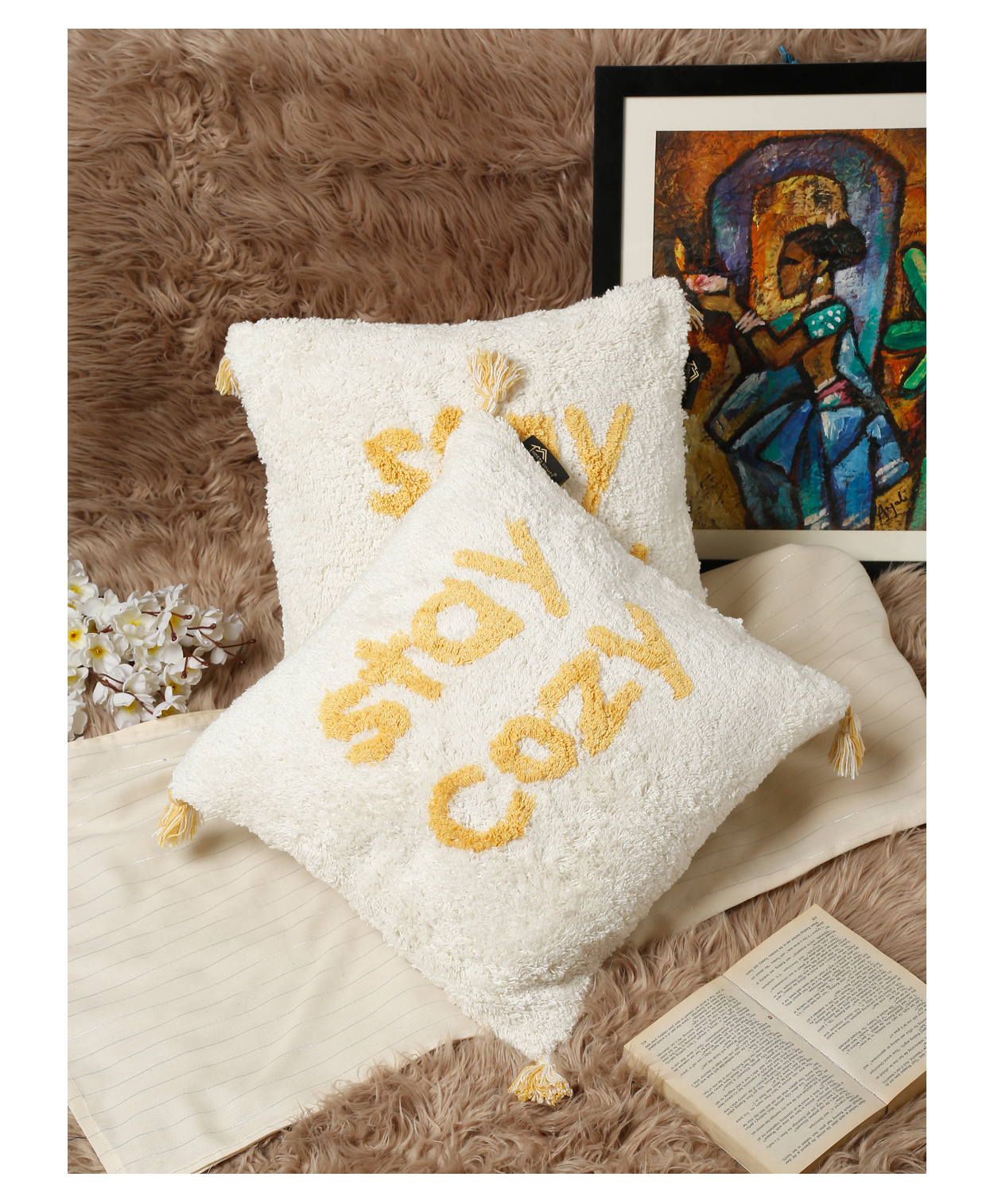 Hosta Homes Hhccm38 Pure Cotton Hand Crafted Cushion Covers with Tassels Pack of 2 - White-picture-27