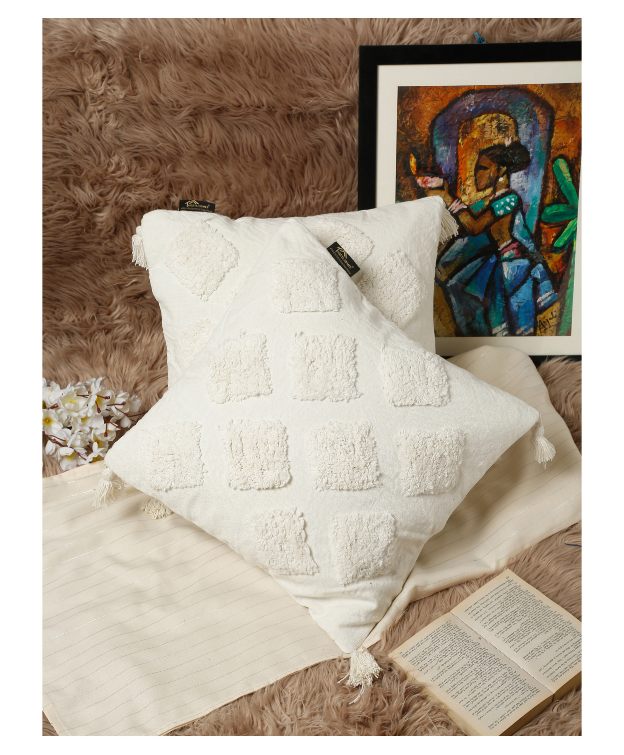 Hosta Homes Hhccm38 Pure Cotton Hand Crafted Cushion Covers with Tassels Pack of 2 - White-image-42